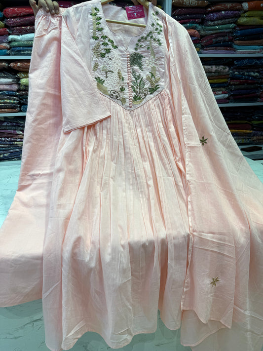 Designer wear Baby Pink Mul Cotton Hand Embroidery A-line Kurti With Pant and Dupatta-HSC94