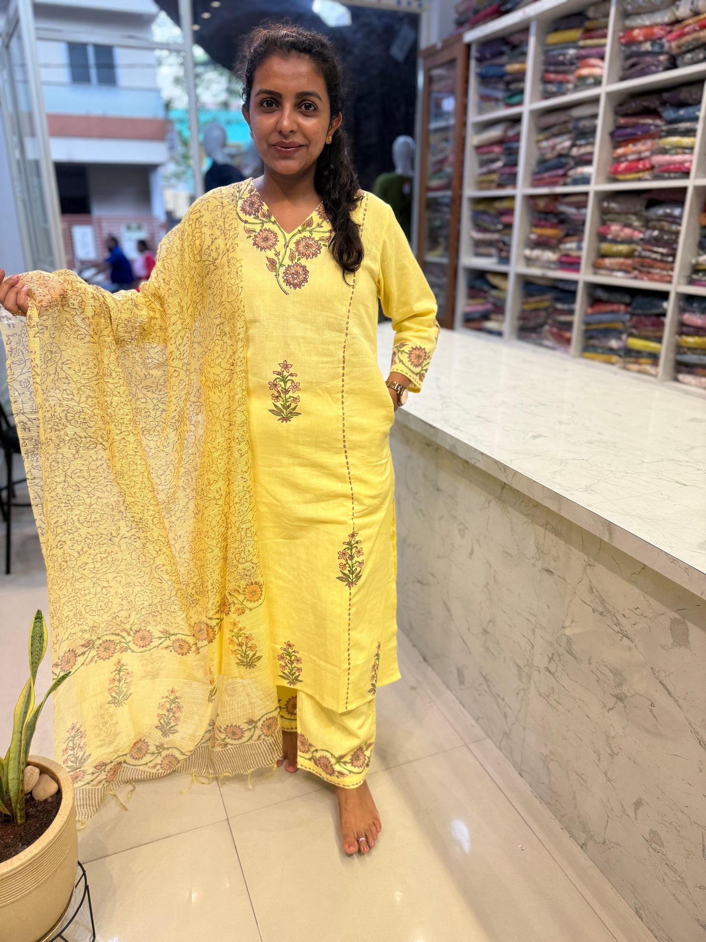 Lemon Yellow Pure Cotton Flex Embroidery Kurti With Pant and Dupatta - HSC1146