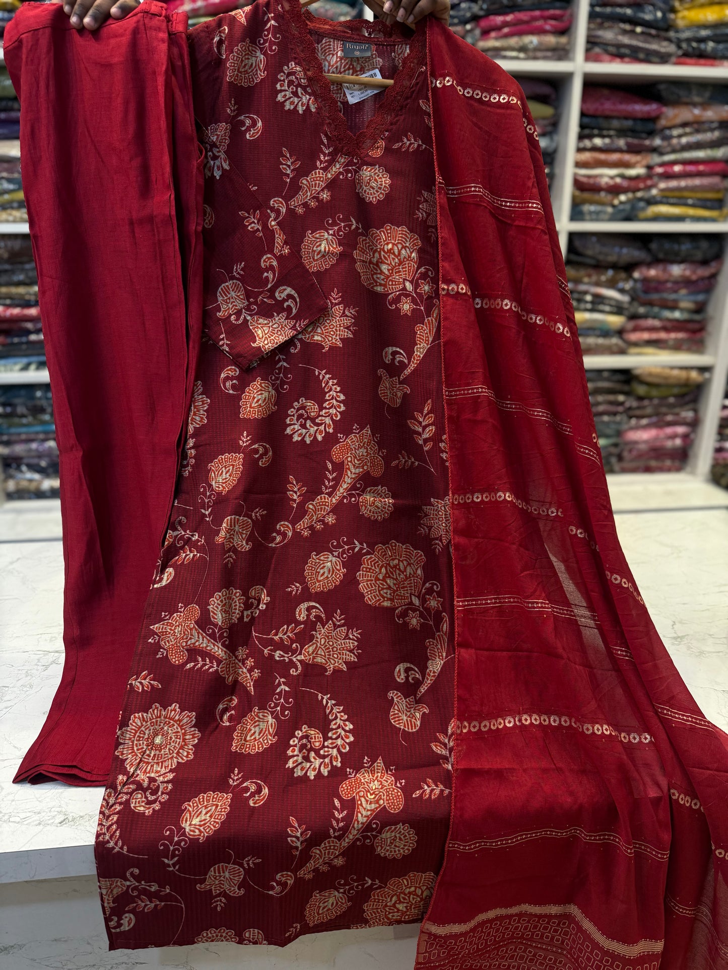 Marron Printed Kurti With Pant and Dupatta-HSC31