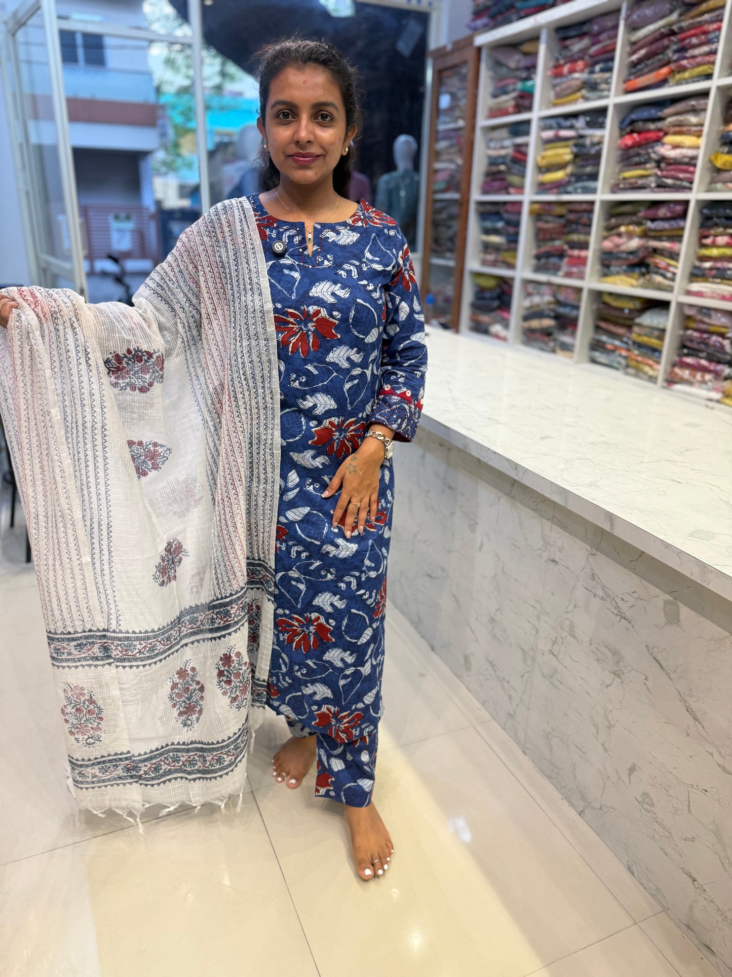 Indigo Floral Printed Hand Embroidered Kurti With Pant and Dupatta