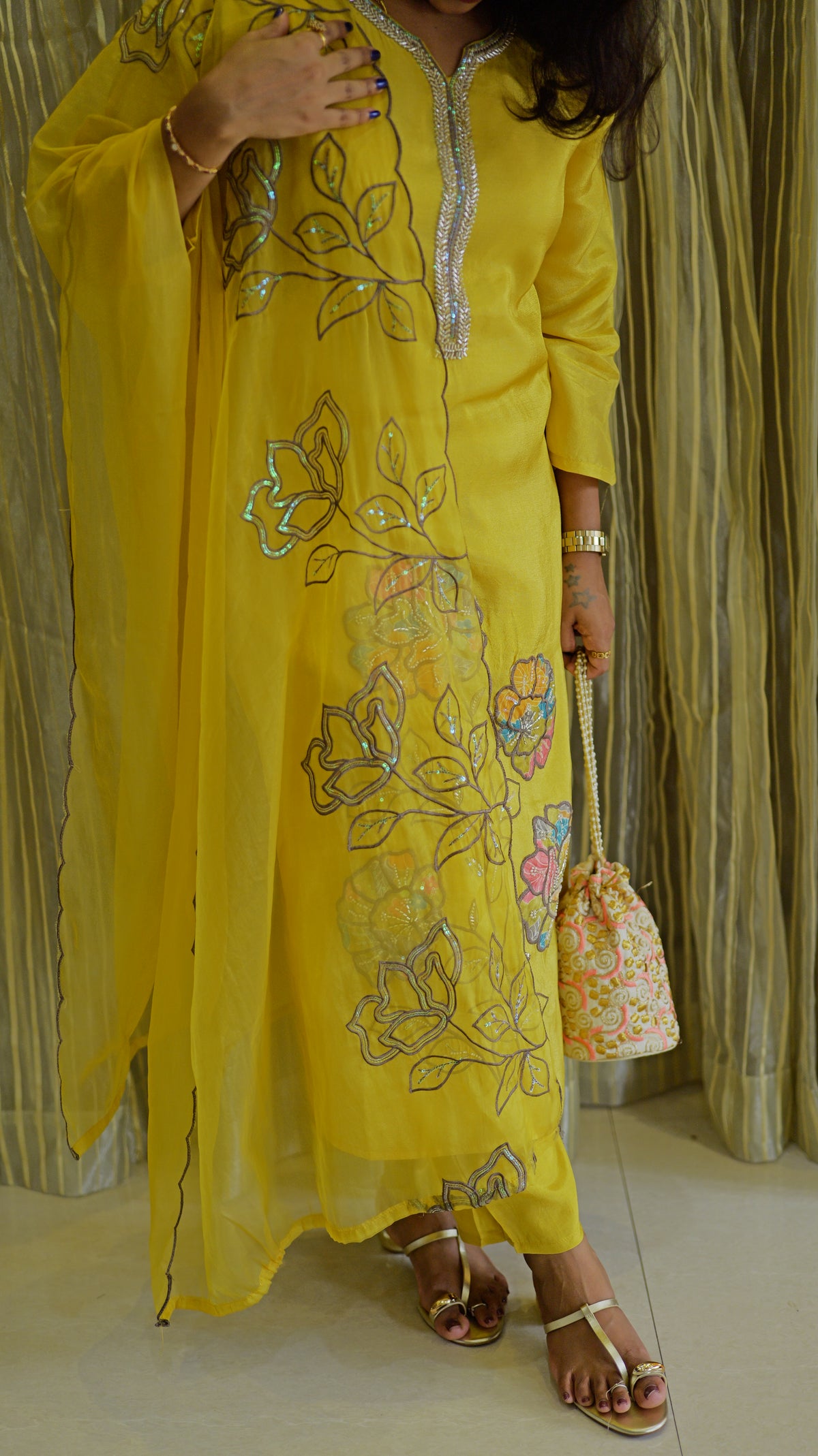 Yellow Pure Tissue Silk Kurti With Pant and Dupatta -HSC1238