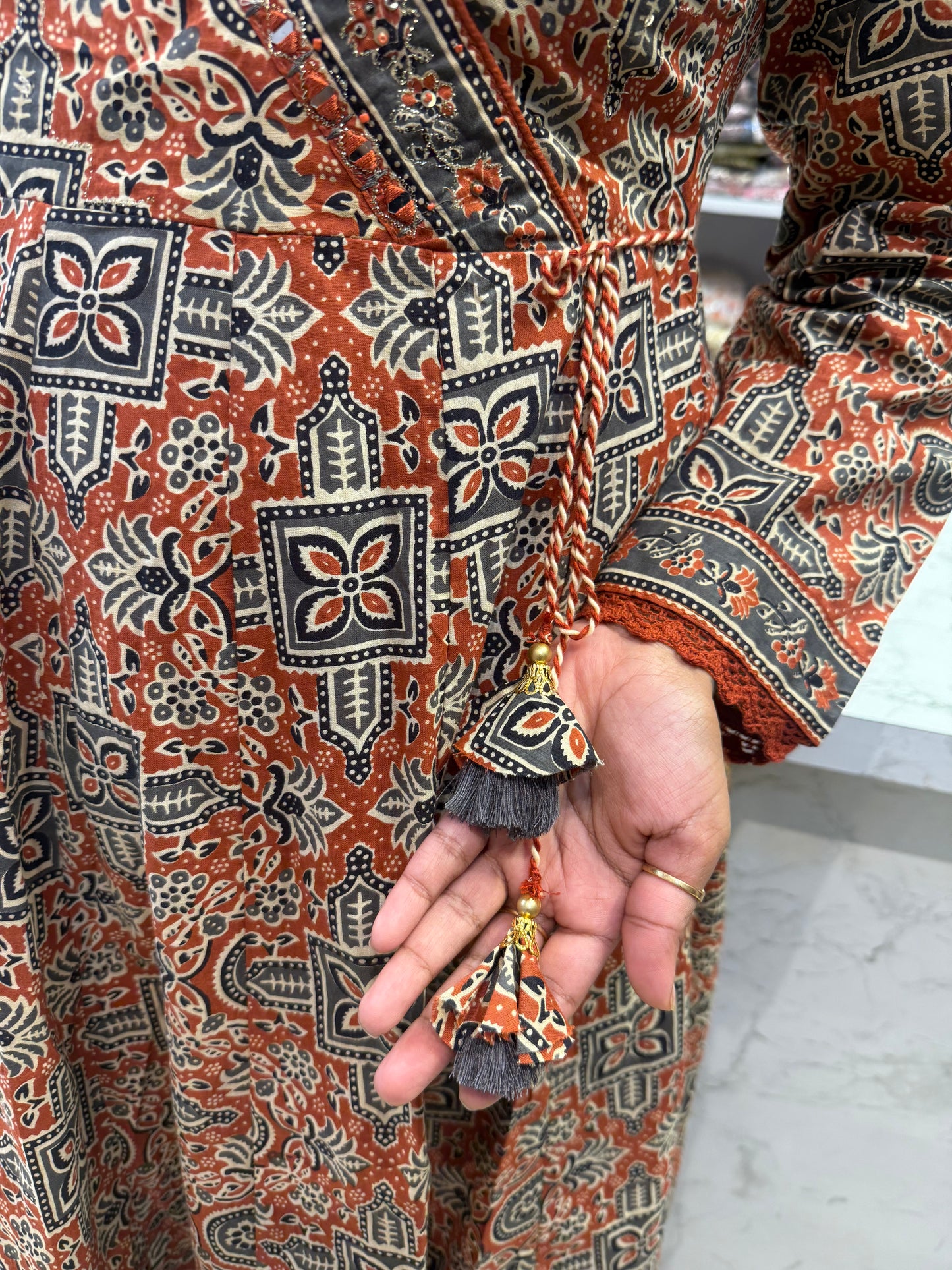 Block Printed Pure Cotton Rust Anarkali Kurti With Pant and Dupatta