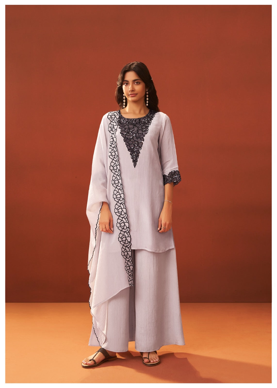 Shimmer Crush Thread Embroidery Kurti With Divider Pant with Scallop Dupatta-HSC155