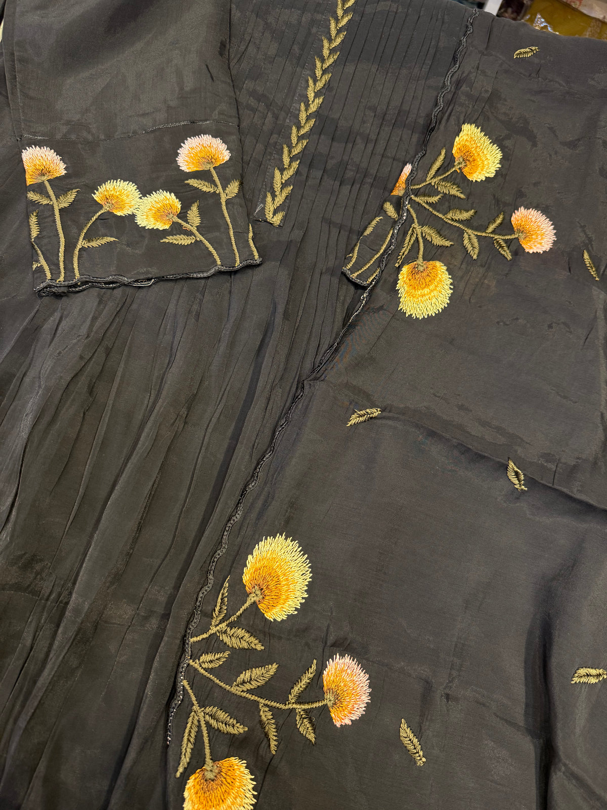 Black Embroidery A-line Kurti With Pant and Dupatta - HSC1189