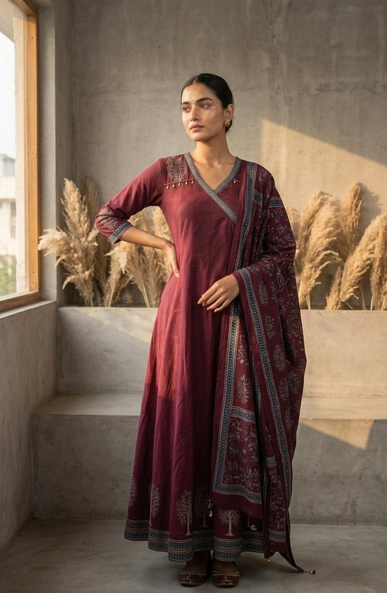 Wine Shoulder Anarkali Pure Cotton Hand Embroidery Kurti With Pant and Dupatta-HSC165