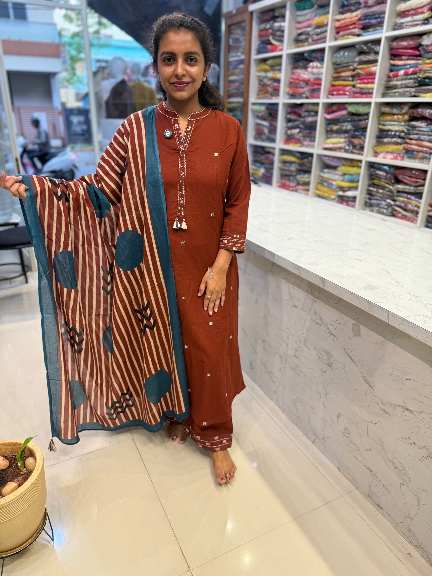 Brown Pure Cotton With Printed Dupatta and Pant