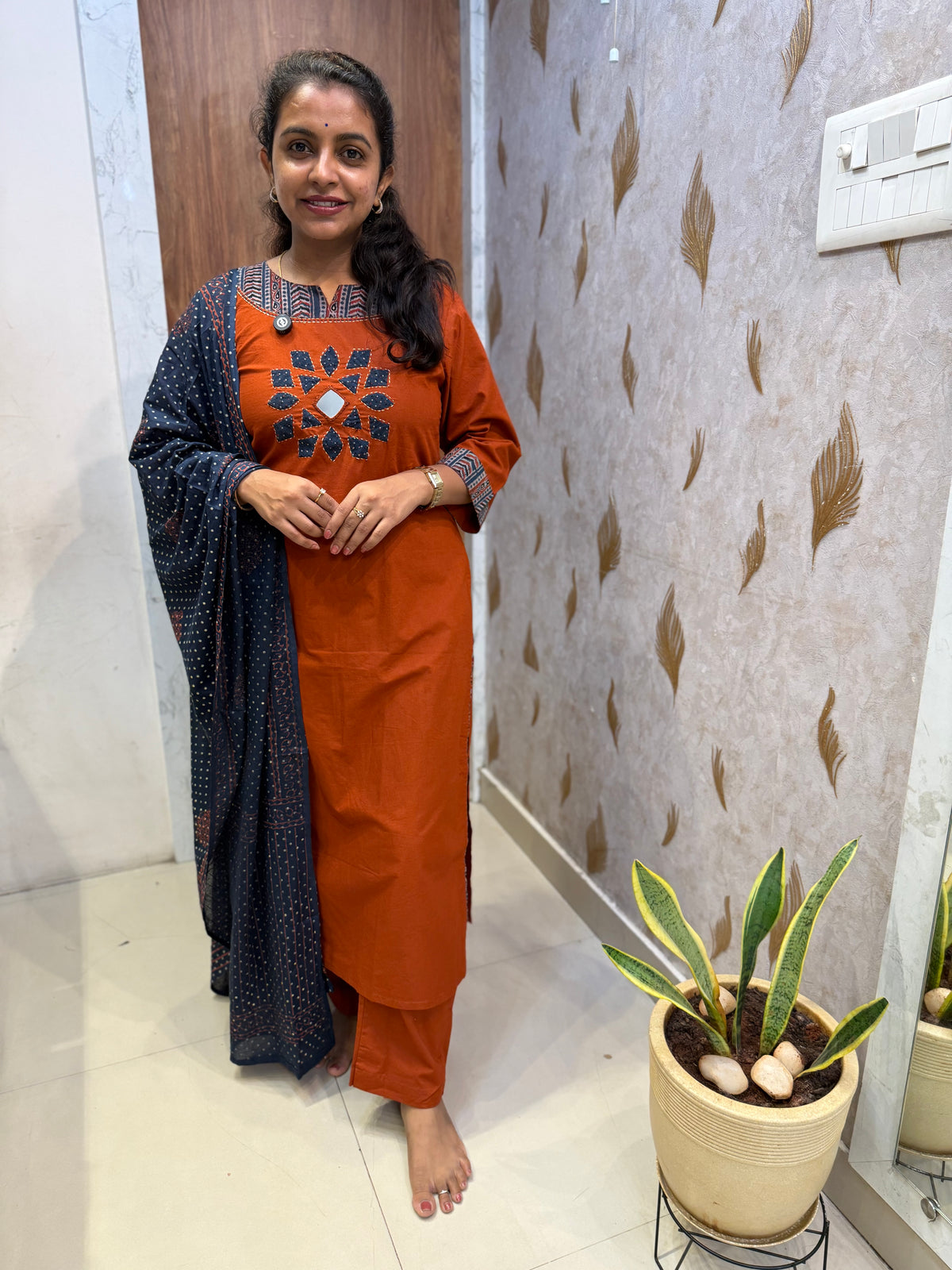 Applique Rust Orange With Blue Pure Cotton Kurti With Pant and Dupatta - HSC1194