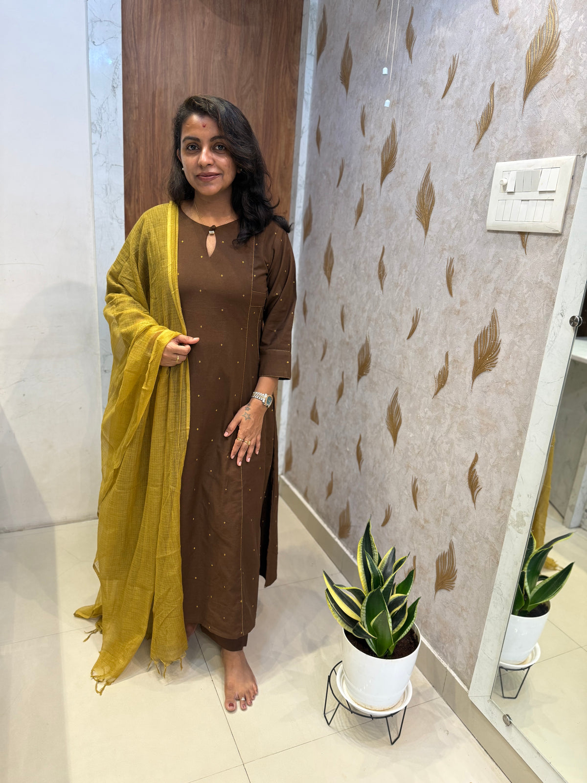 Pure Cotton Brown A-line Kurti With Pant and Dupatta -HSC1315