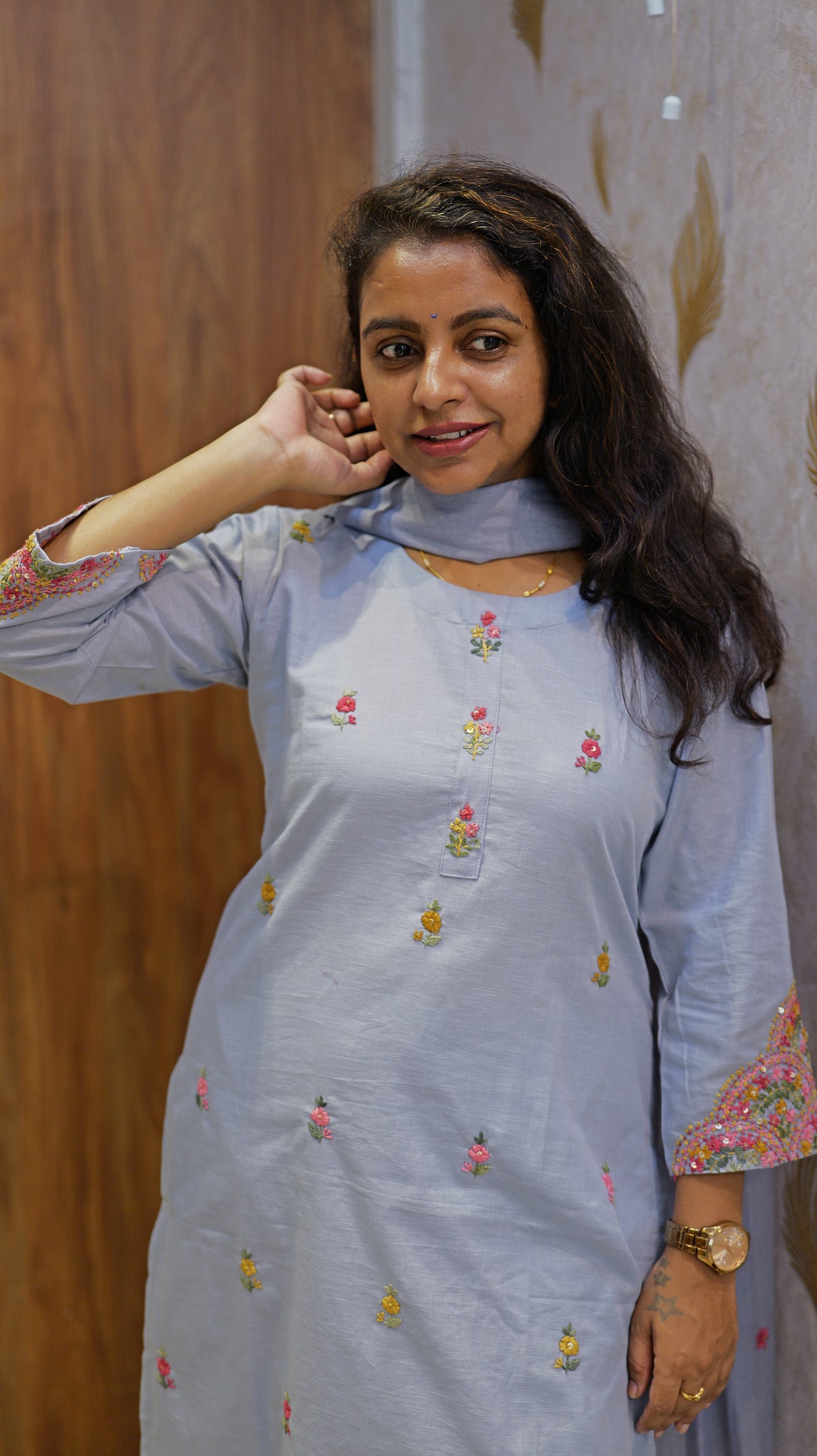 Blue Hand Embroidery Pure Cotton Kurti With Pant and Dupatta -HSC1292