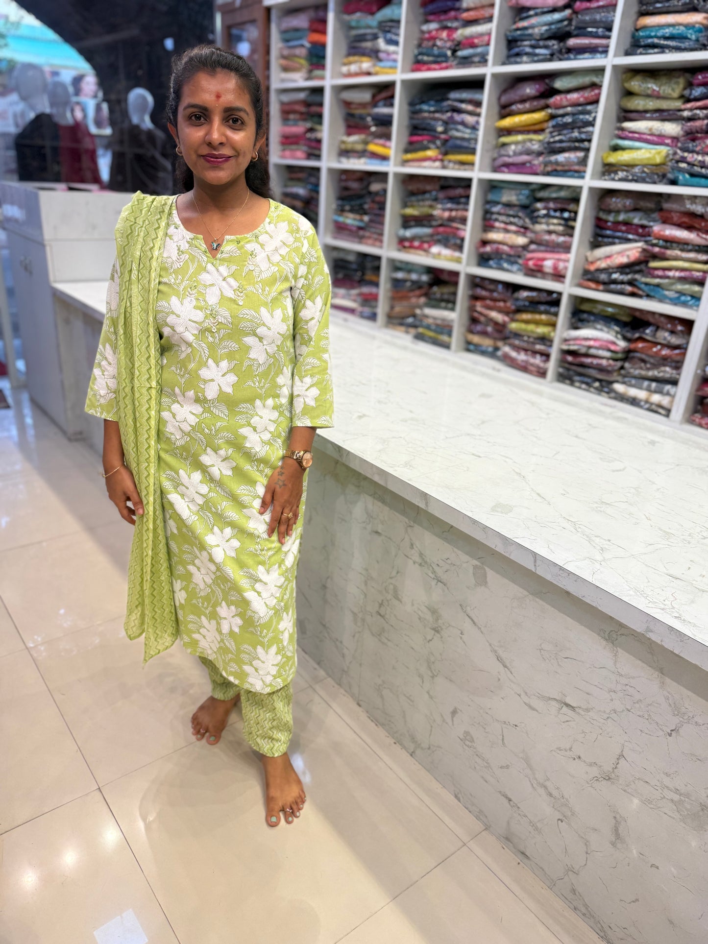 Green Cotton Kurti With Pant and Dupatta