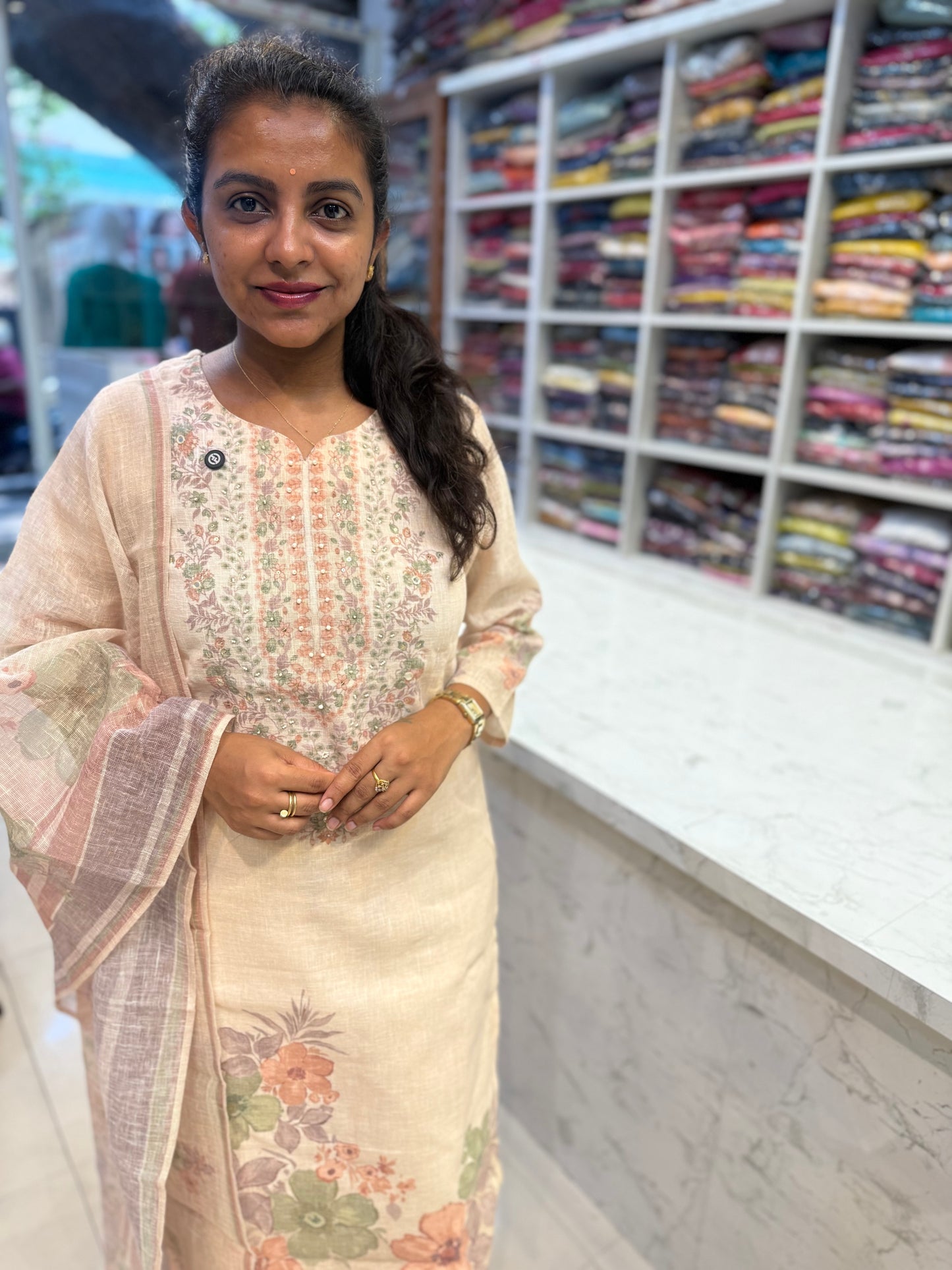 Pure Linen Thread Embroidery Kurti With Pant and Dupatta-HSC75