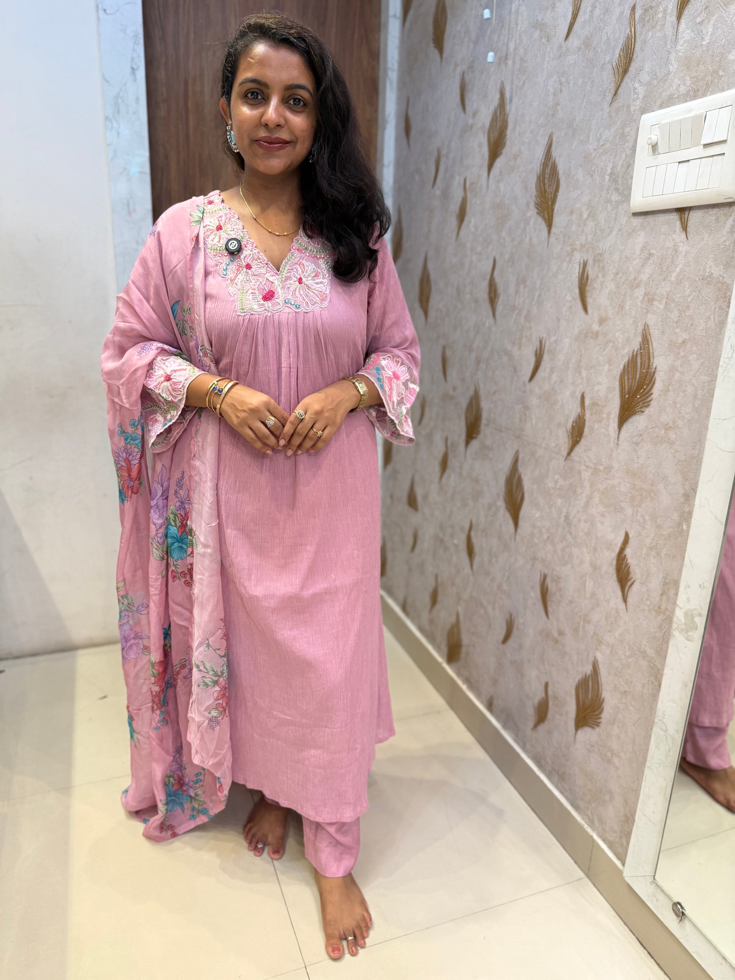 Lavender Crush Chinnon A-line Kurti With Pant and  Printed Dupatta  - HSC1158