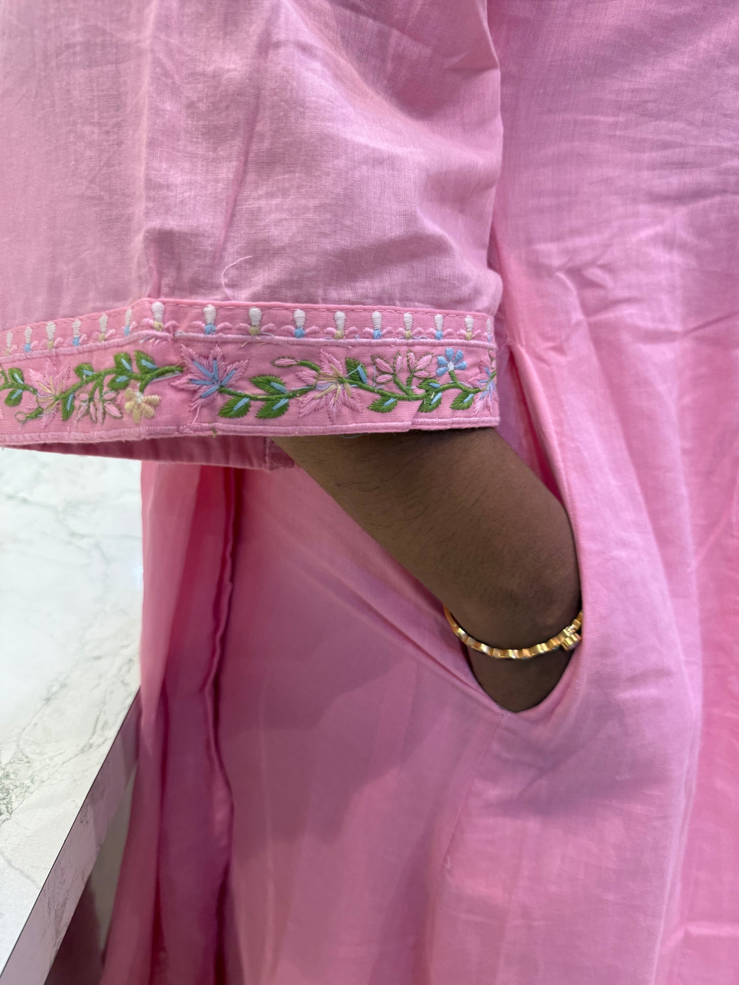 Baby Pink Pure Mul Cotton Embroidered Kurti With Pant and Dupatta-HSC133