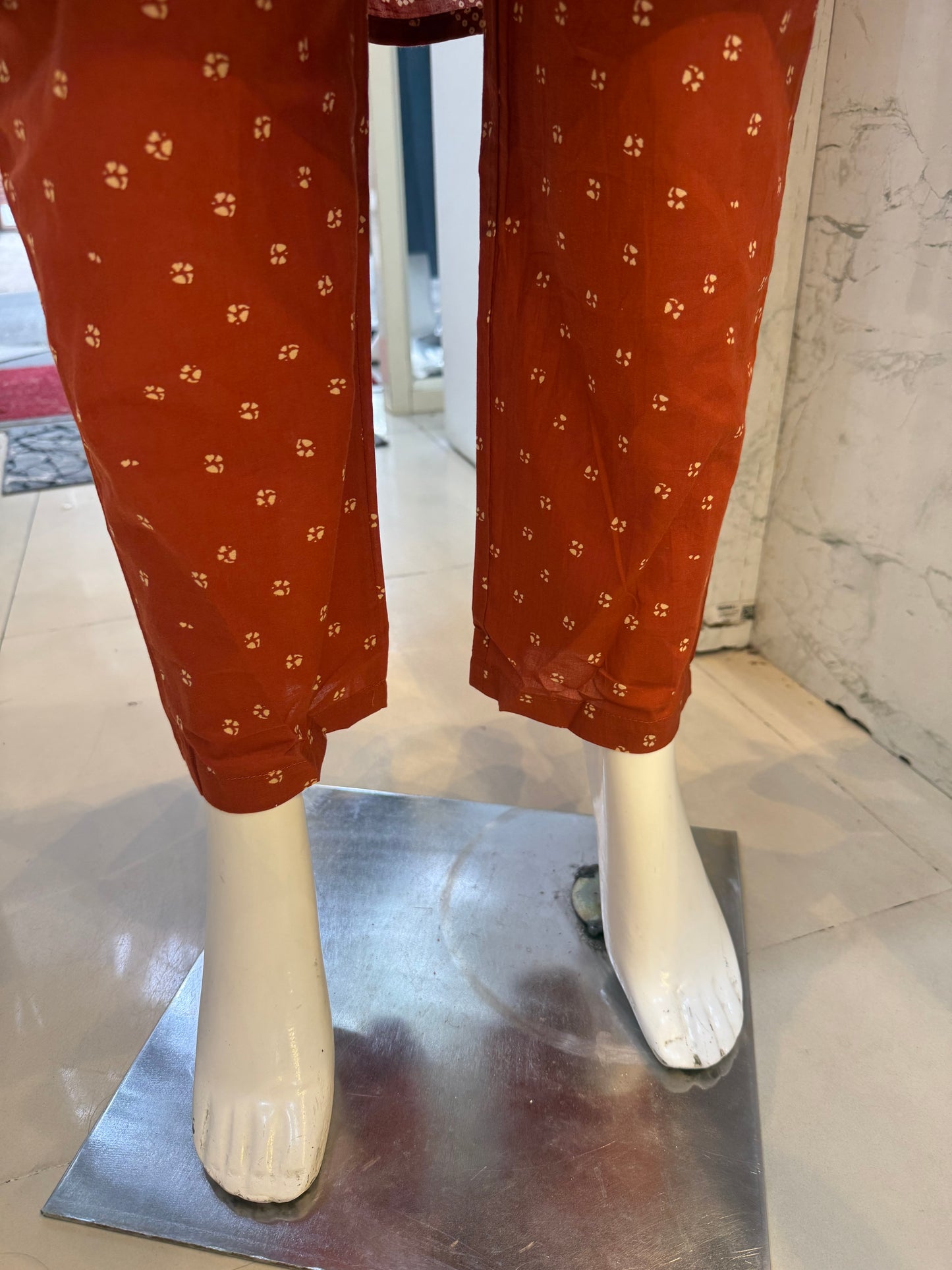 Rust Orange Bandini Cotton Kurti With Pant and Dupatta-HSC124