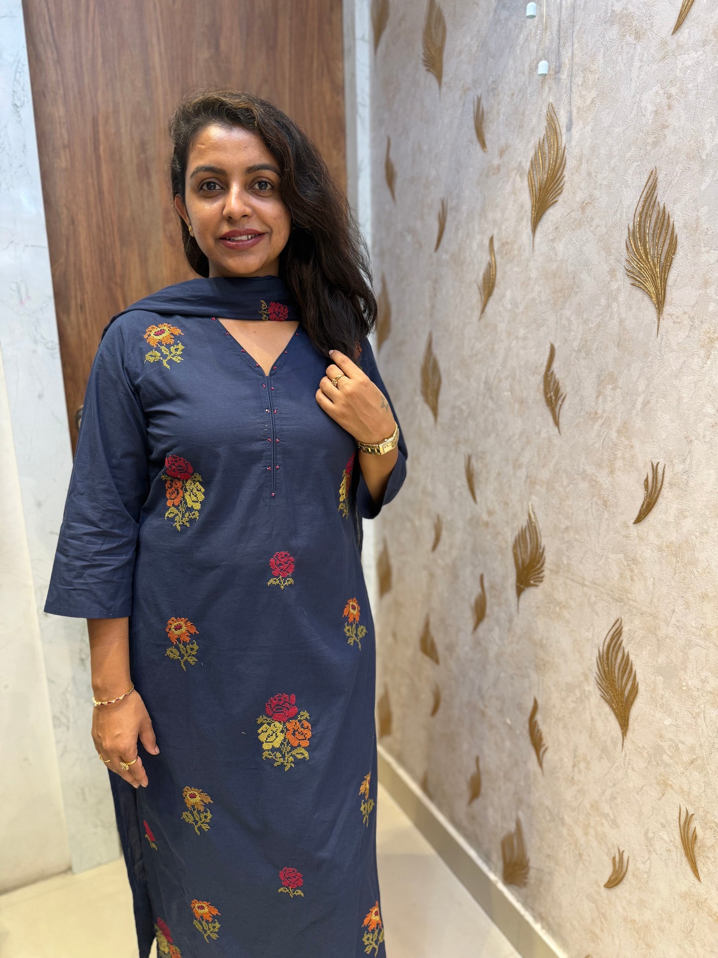 Cross stitch Embroidery Pure Cotton Kurti With Pant and Dupatta - HSC1156