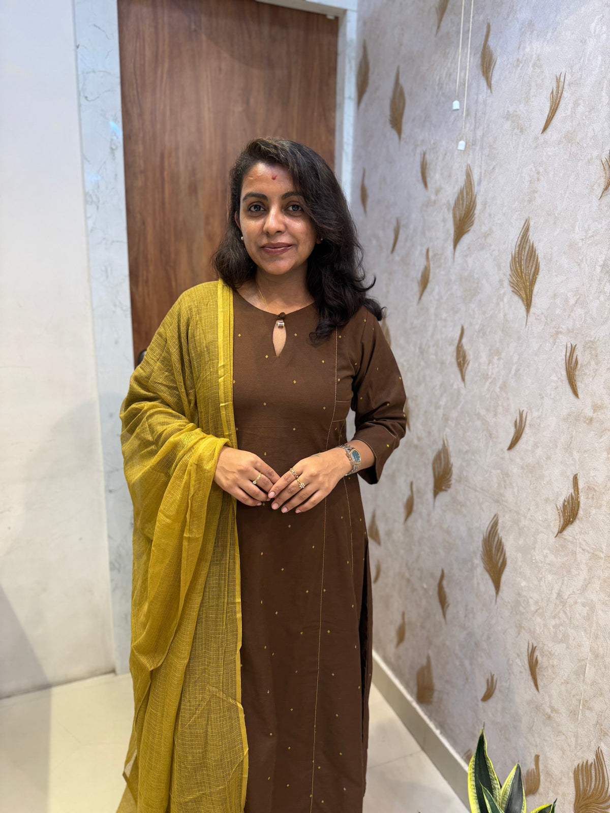 Pure Cotton Brown A-line Kurti With Pant and Dupatta -HSC1315