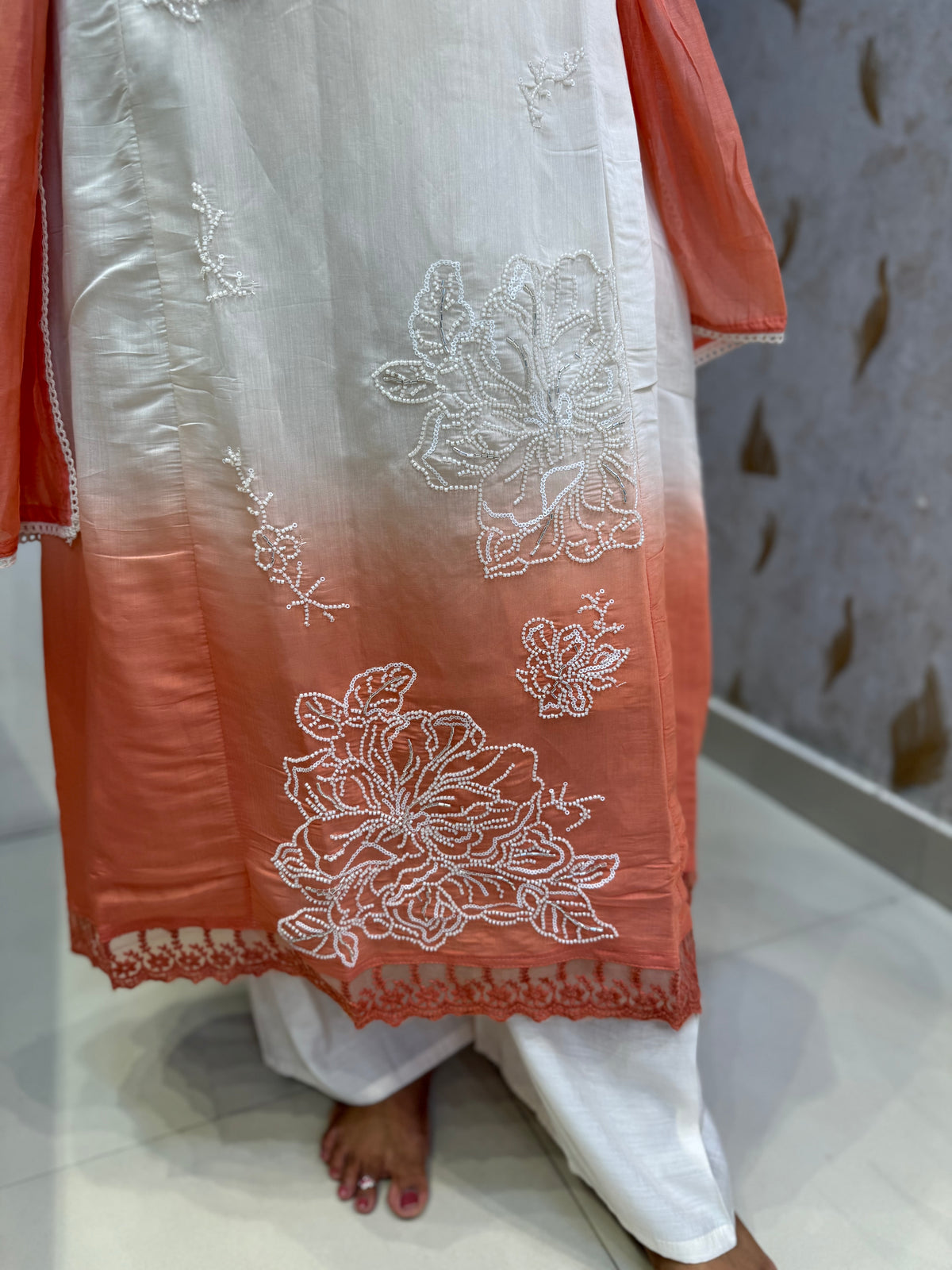 Ombre Half White Hand Embroidery Kurti With Pant and Dupatta - HSC1182