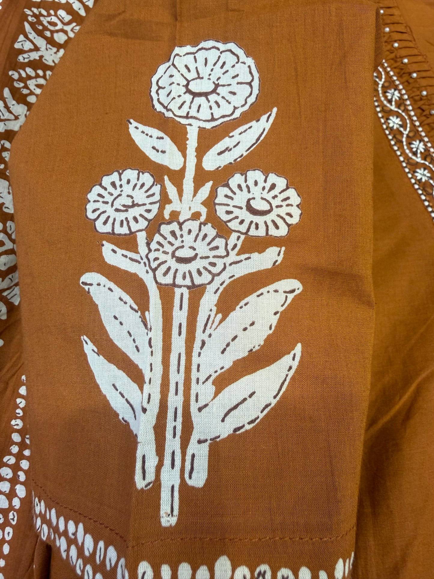 Rust Printed Pure Cotton Kurti With Pant and Dupatta