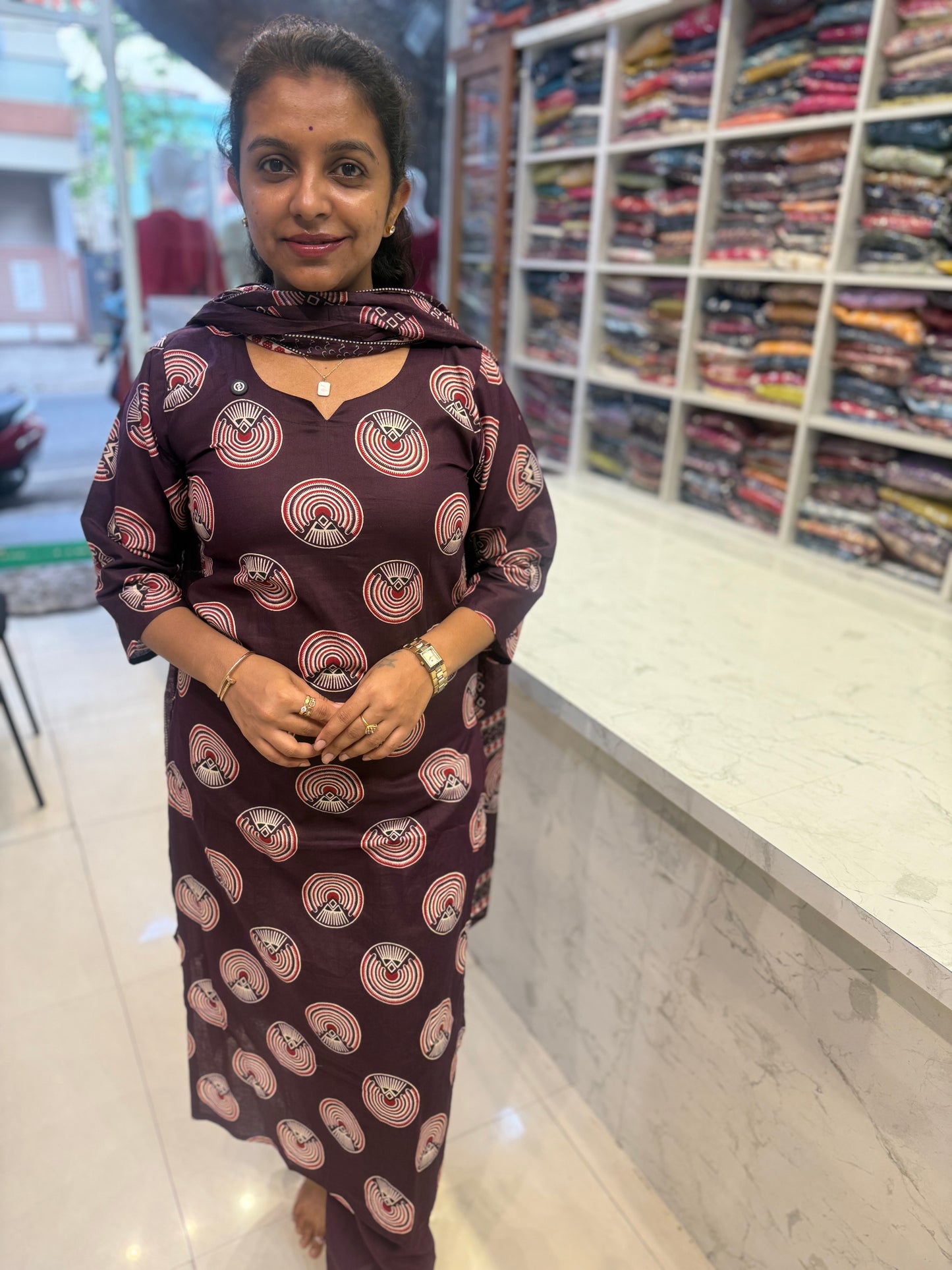 Deep Plum Printed Cotton Kurti With pant and Dupatta-HSC23