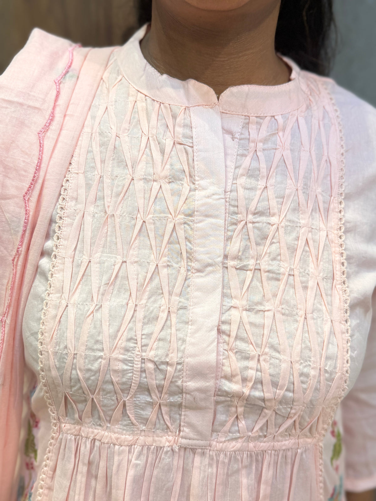 Baby pink Pure Mul Cotton Embroidered Kurti With Pant and Dupatta -HSC1219