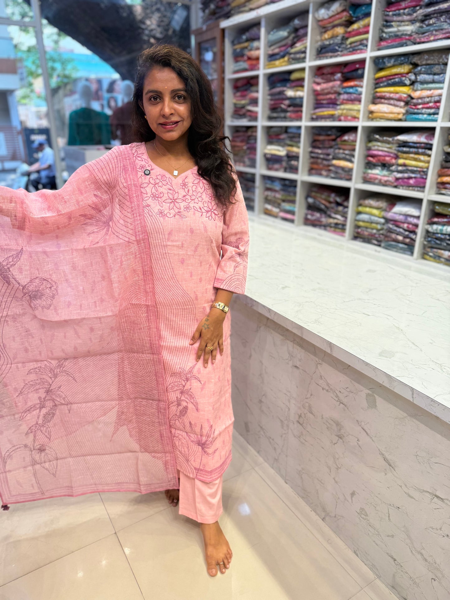 Pure Linen Pastel Pink Kurti With Pant and Dupatta-HSC75
