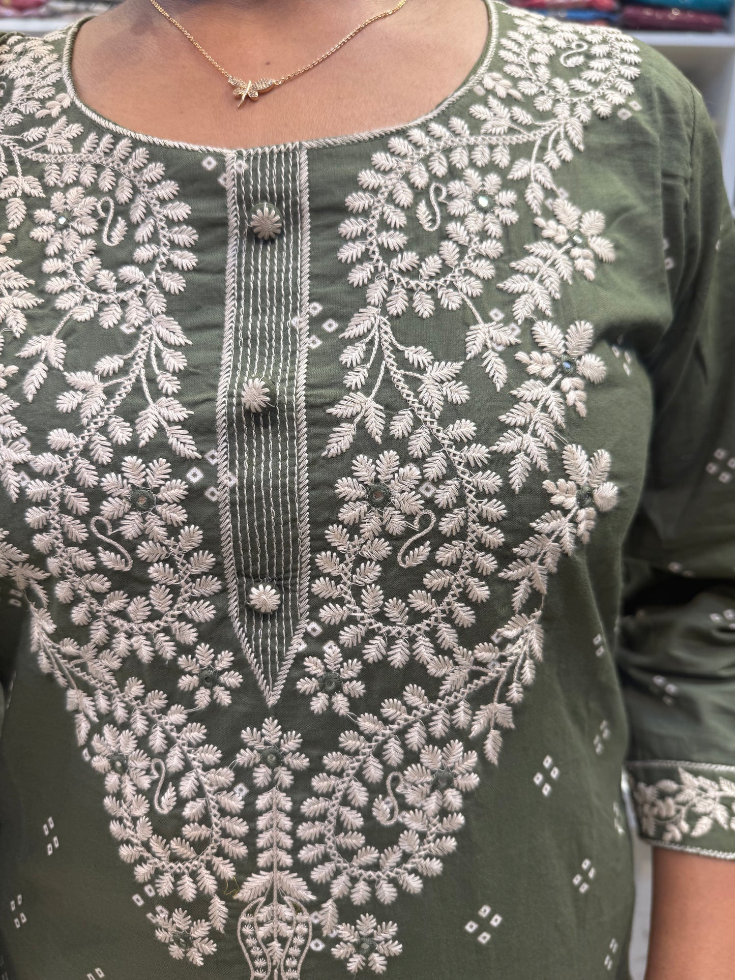 Olive Green Bandhani Cotton chikankari Kurti with Pant and Dupatta