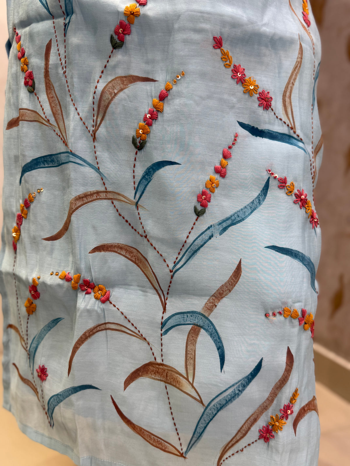 Powder Blue Pure Silk Thread Embroidery Kurti With Pant and Dupatta - HSC1180