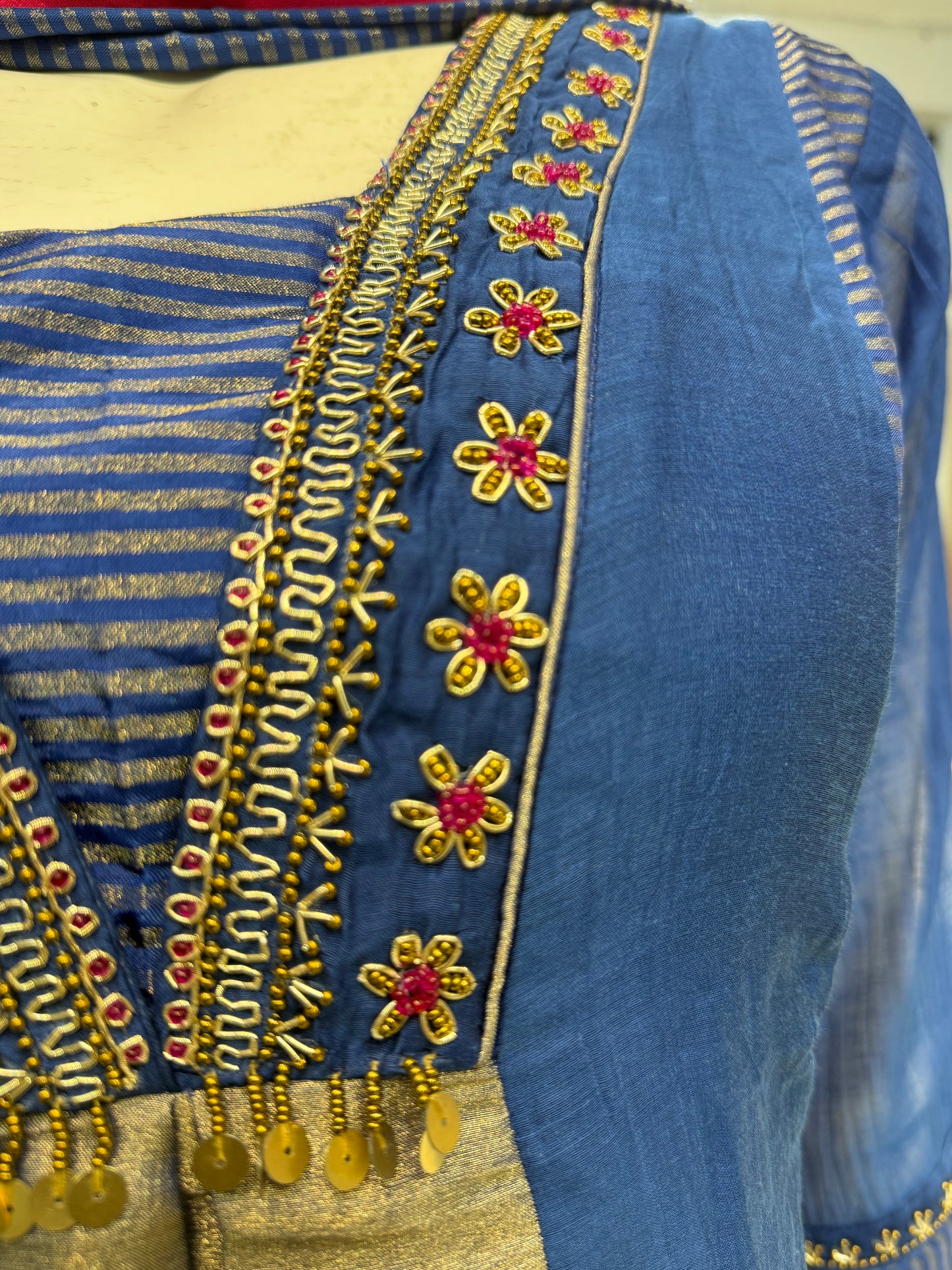 Blue Pure Banarasi Mul Chanderi A-line Kurti With Pant and Dupatta