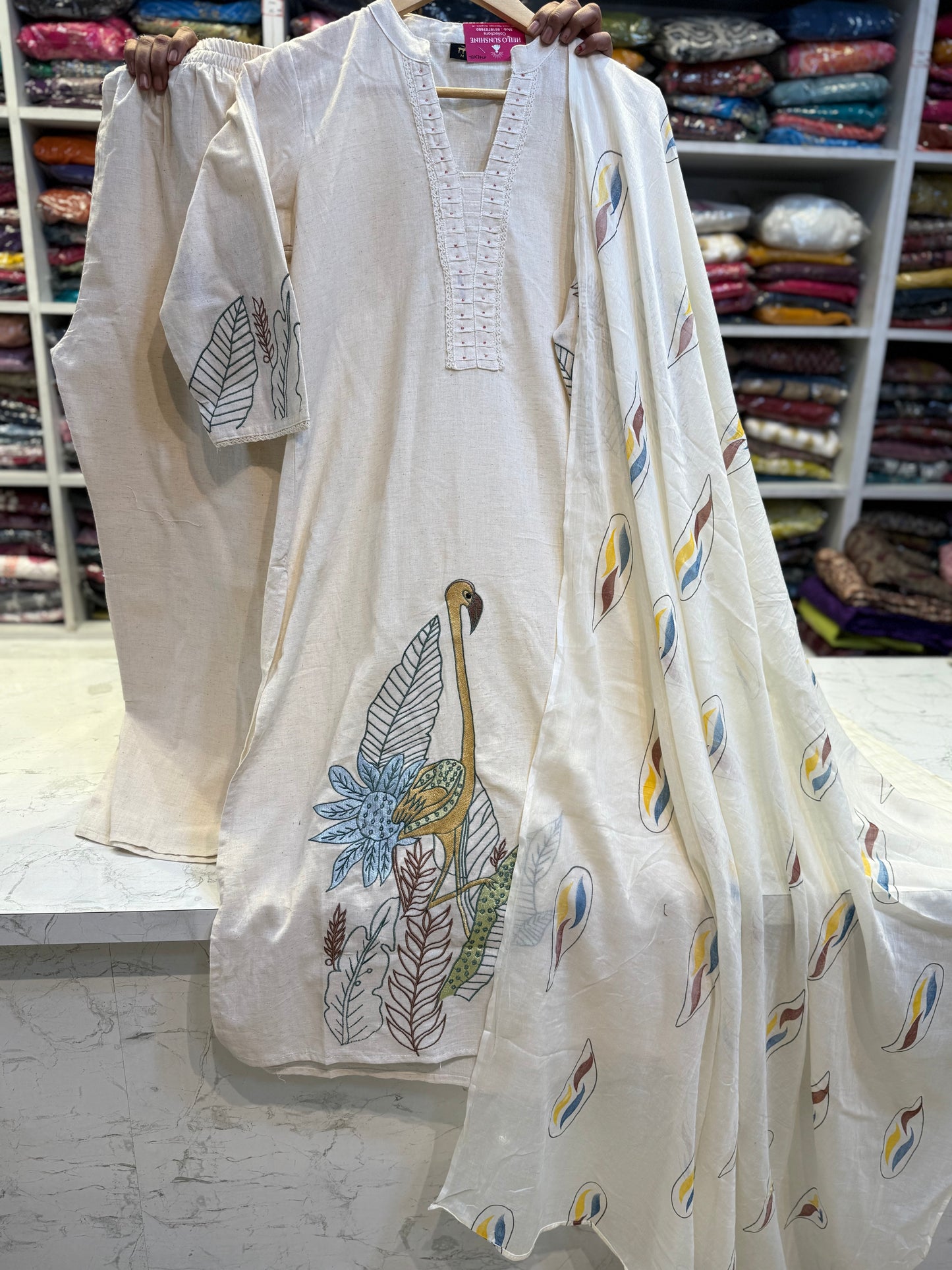 Bird Embroidery Cotton Flex Kurti with Pant And Dupatta