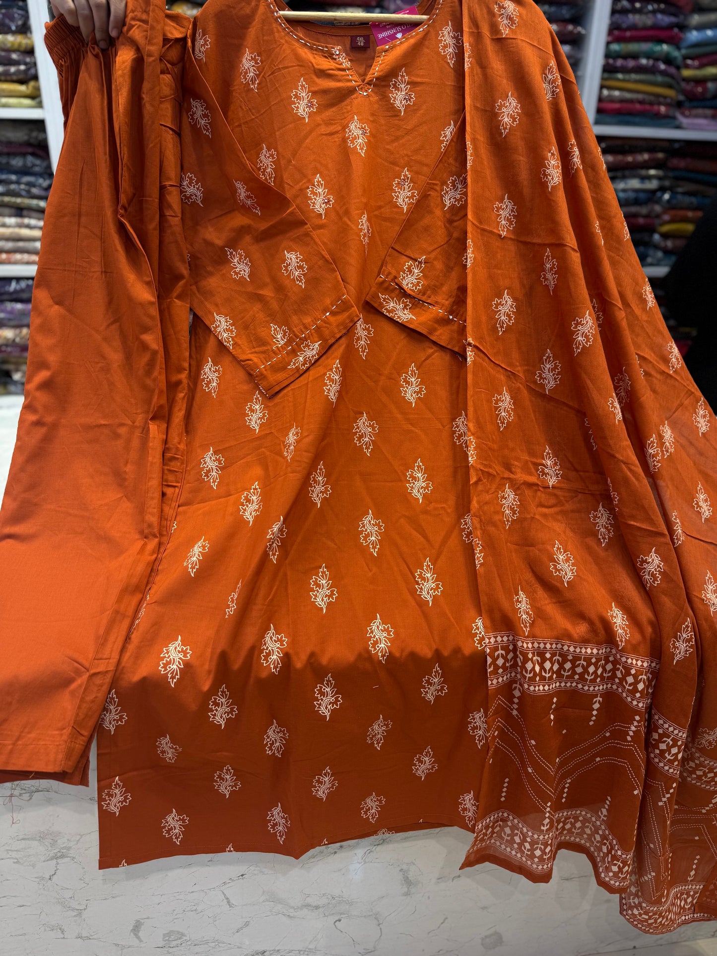 Printed Rust orange Kurti with Pant and Dupatta