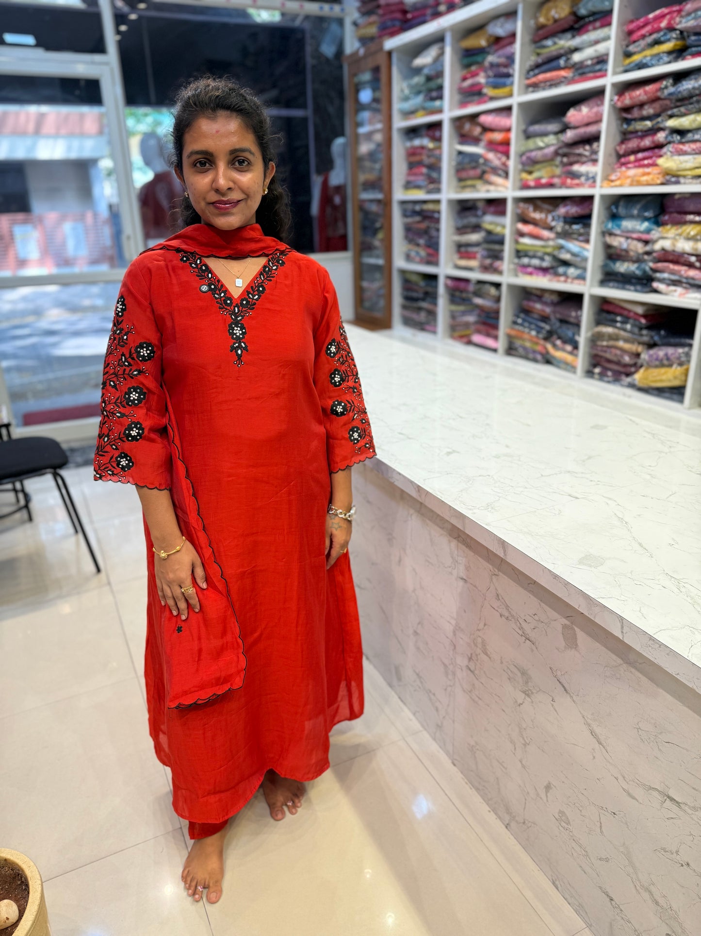 Red Pure Silk Handwork Kurti with Scallop cut work dupatta with pant-HSC42