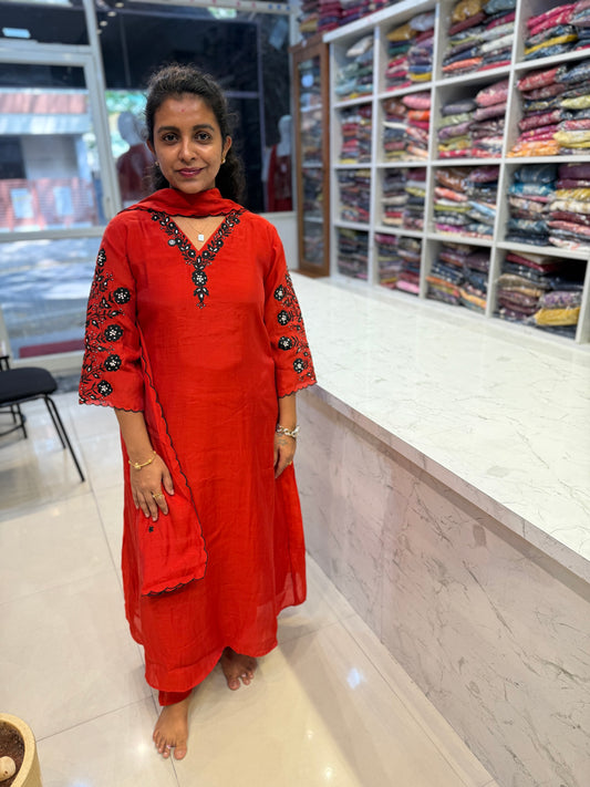 Red Pure Silk Handwork Kurti with Scallop cut work dupatta with pant-HSC42