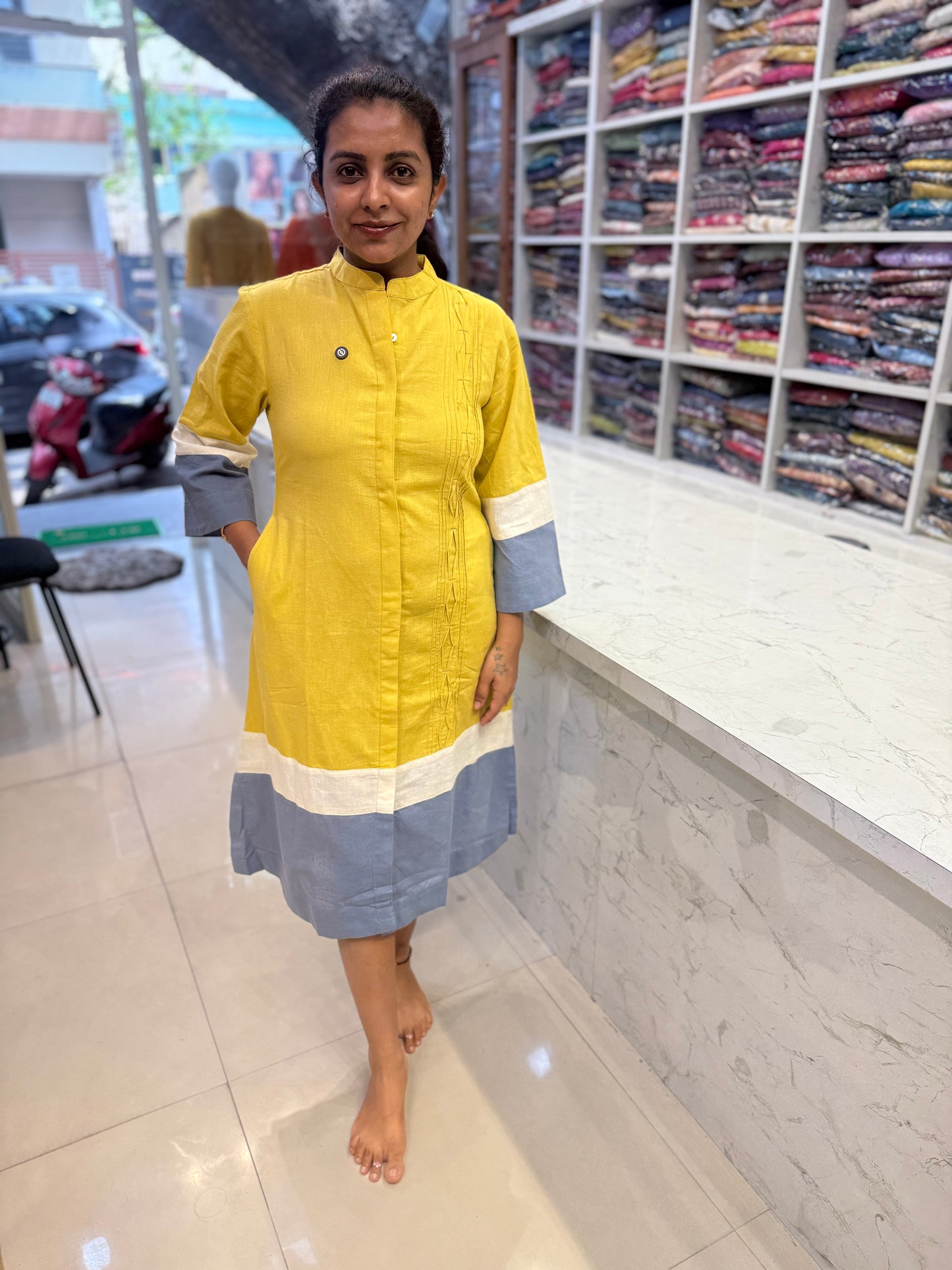 Pure Cotton Flex Mustard Dress-HSC21