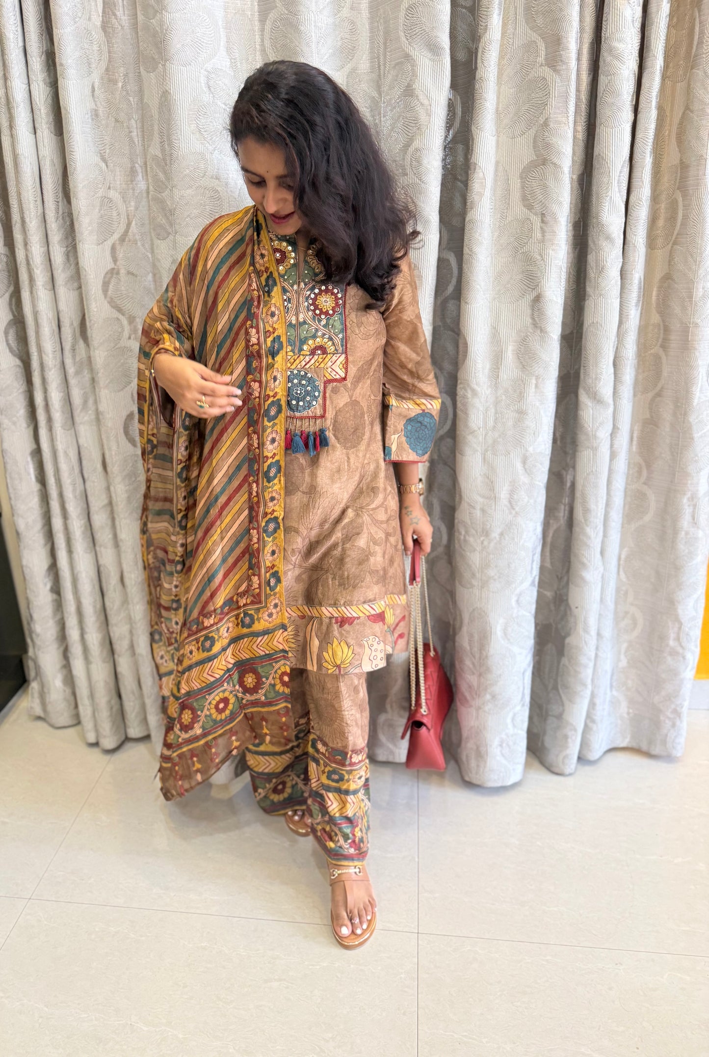 Pure Muslin Floral Printed Kurti With Pant and Dupatta