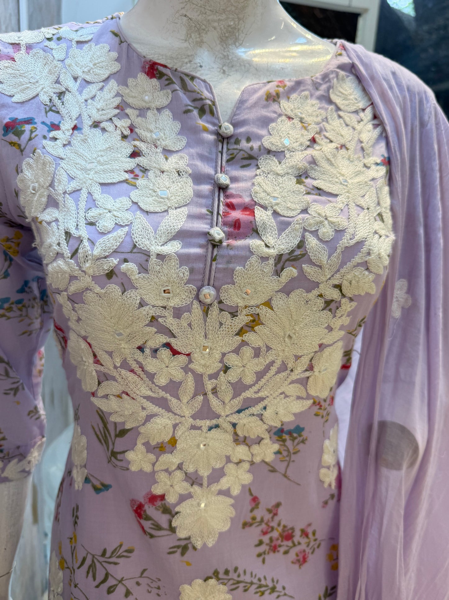 Lilac Chikankari Mul Cotton Straight Kurta with Pant and Dupatta-HSC160