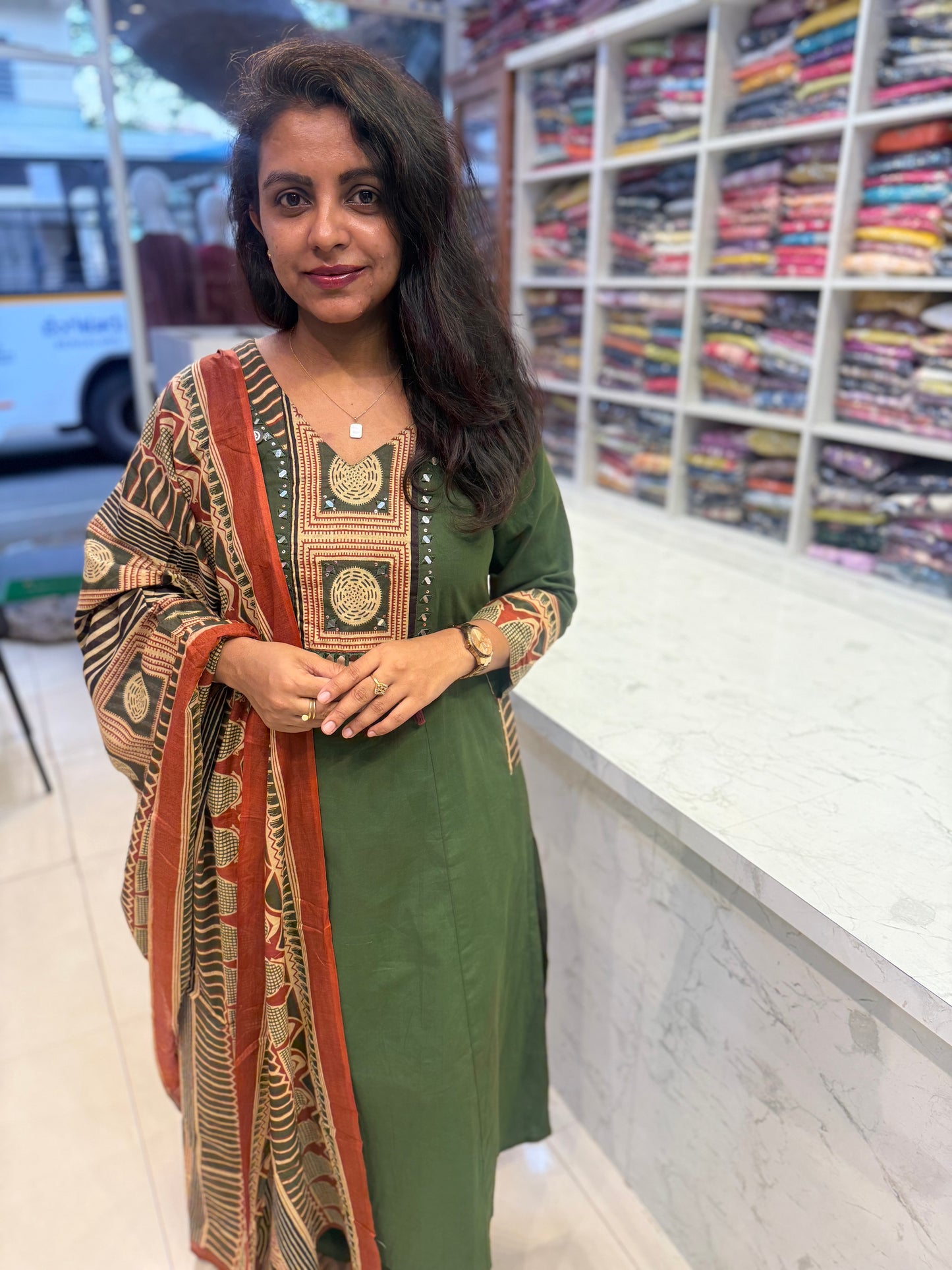Two Sides Pockets Green Backside Patch Work Printed Kurti With pant and Dupatta-HSC86