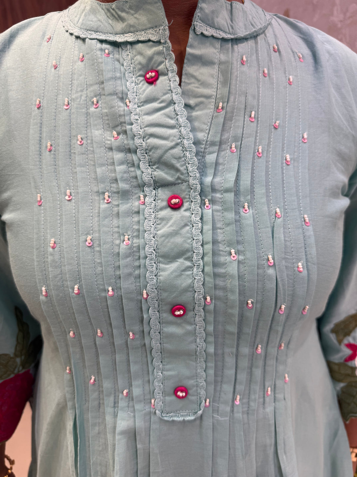 Powder Blue Embroidery Cutwork Cotton Co-ords Set- HSC1168
