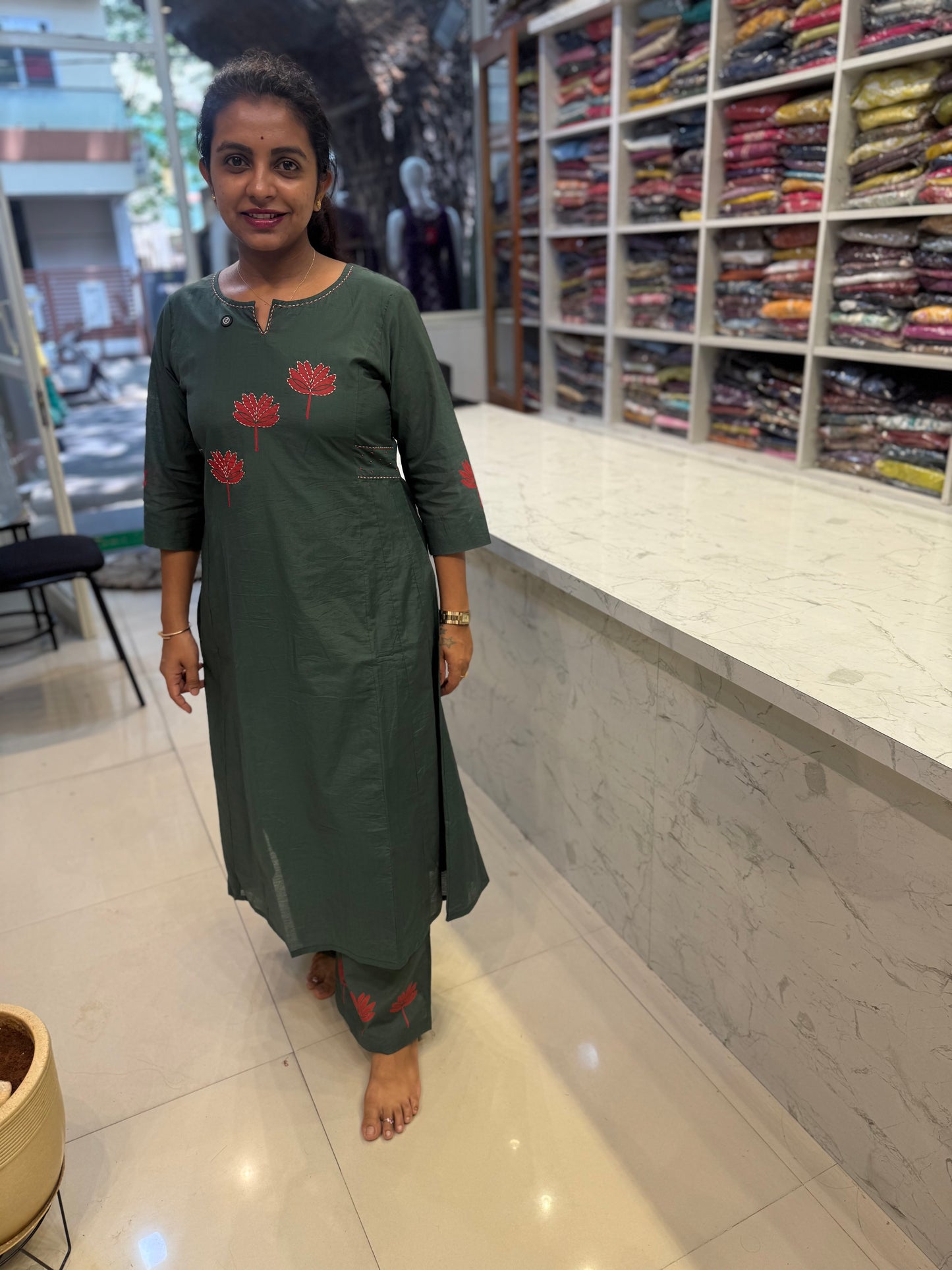 Lotus Hand Painted Designer Wear Pure Cotton Kurti With Pant-HSC69
