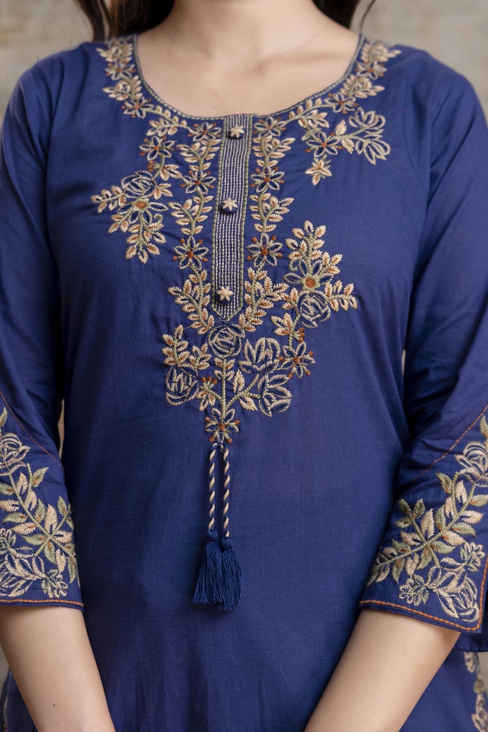 Blue Embroidery Pure Cotton Kurti With Pant and Dupatta - HSC1145