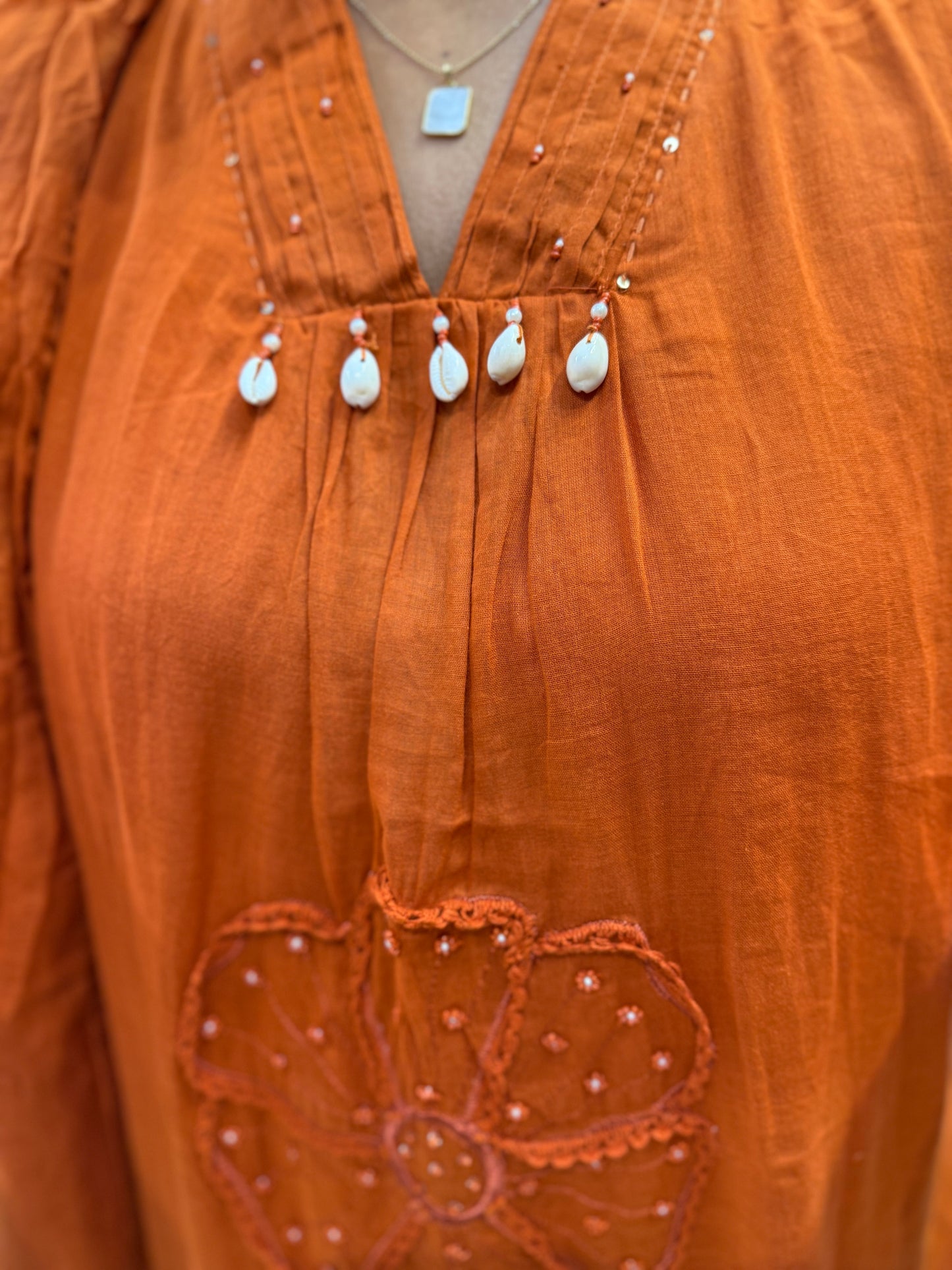 Rust Orange Pure Mul Cotton Embroidery Flower Kurti With Pant and Dupatta-HSC78
