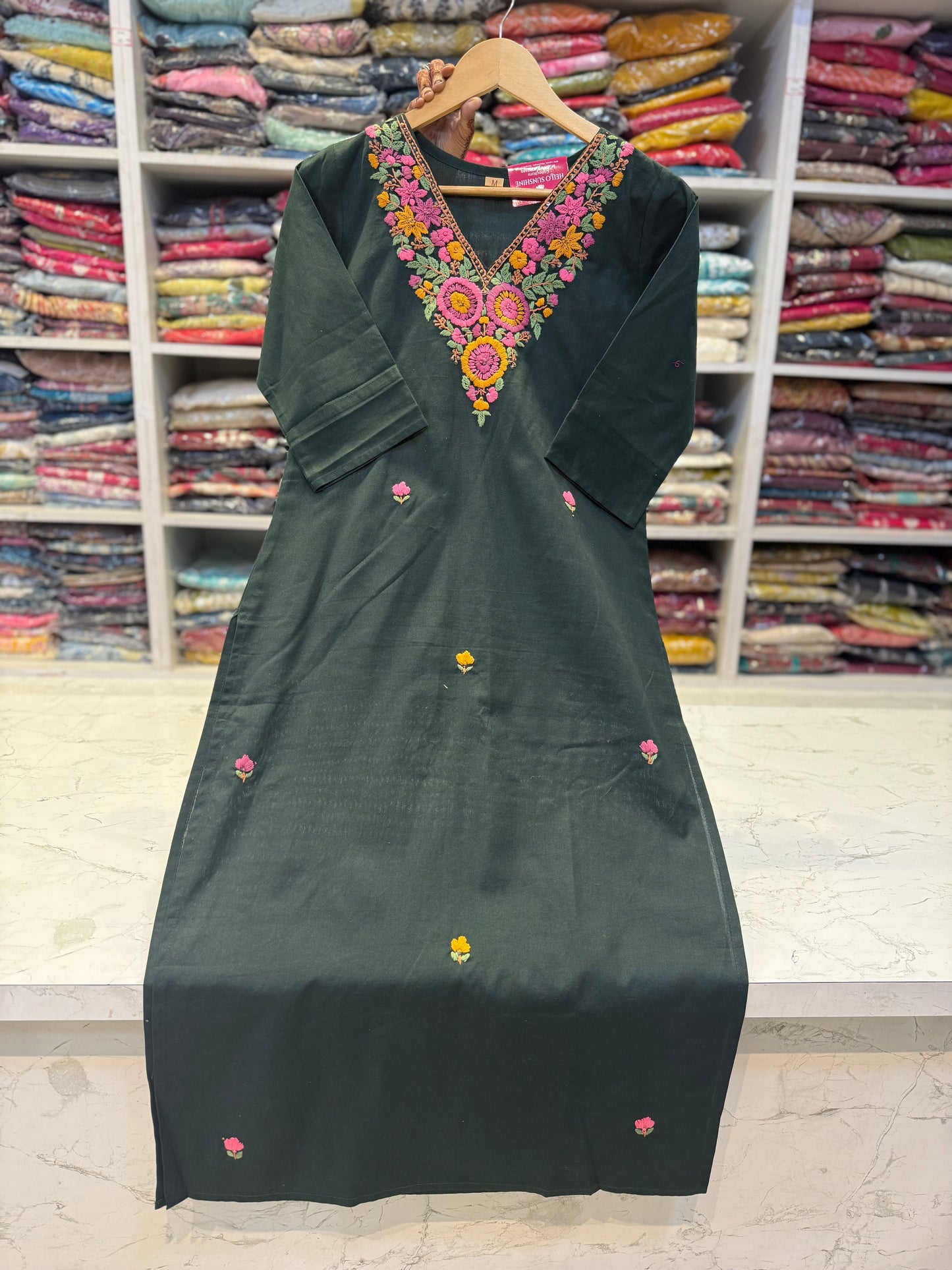 Green Embroidery Cotton Straight Cut Kurti