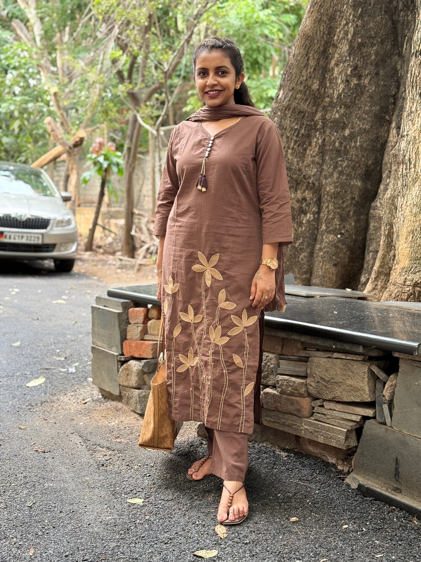 Brown Pure Cotton Embroidered Kurti With Pant and Dupatta -HSC1172