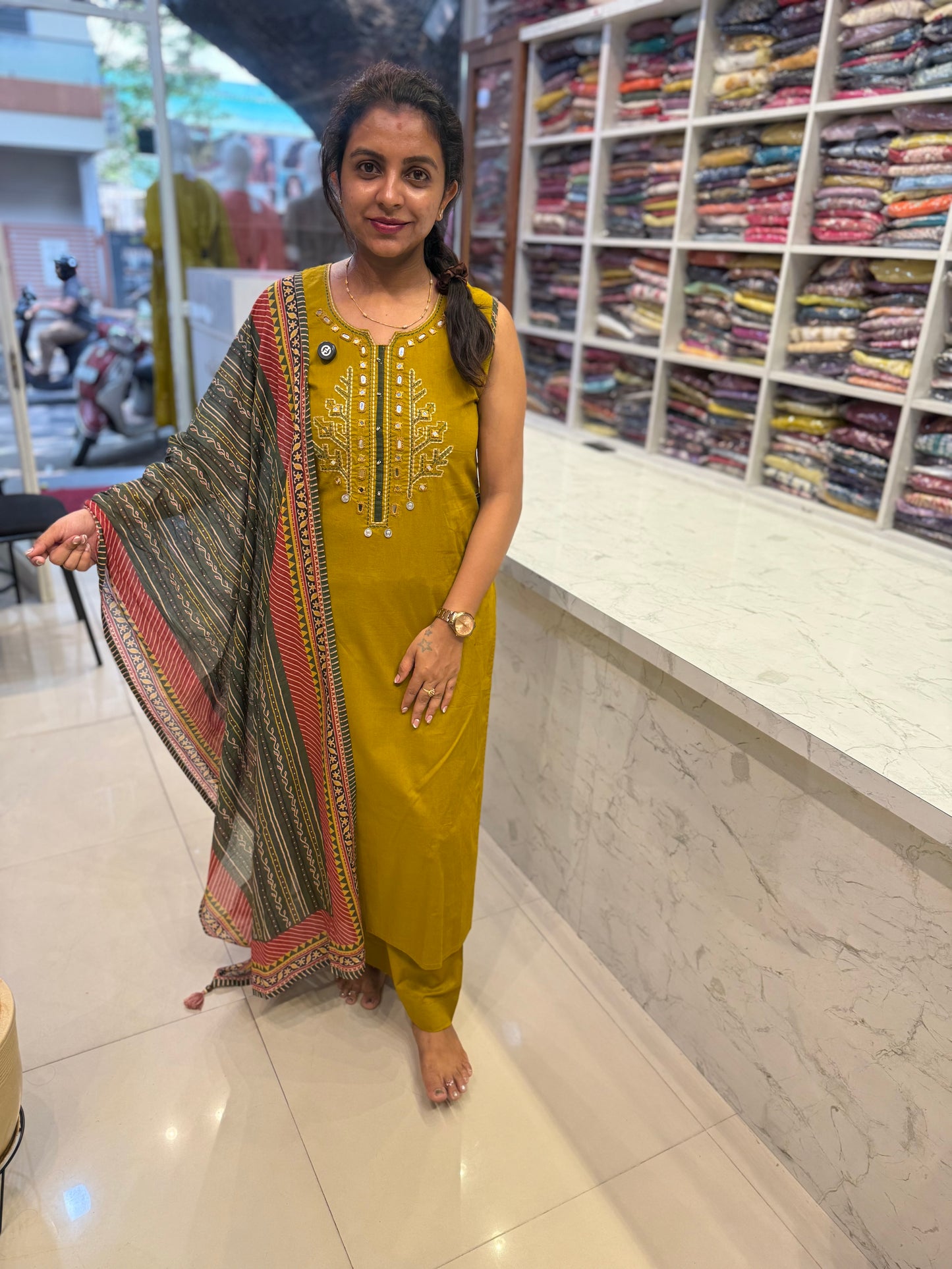 Green Pure Cotton Flex Kurti With Pant and Printed Dupatta-HSC110