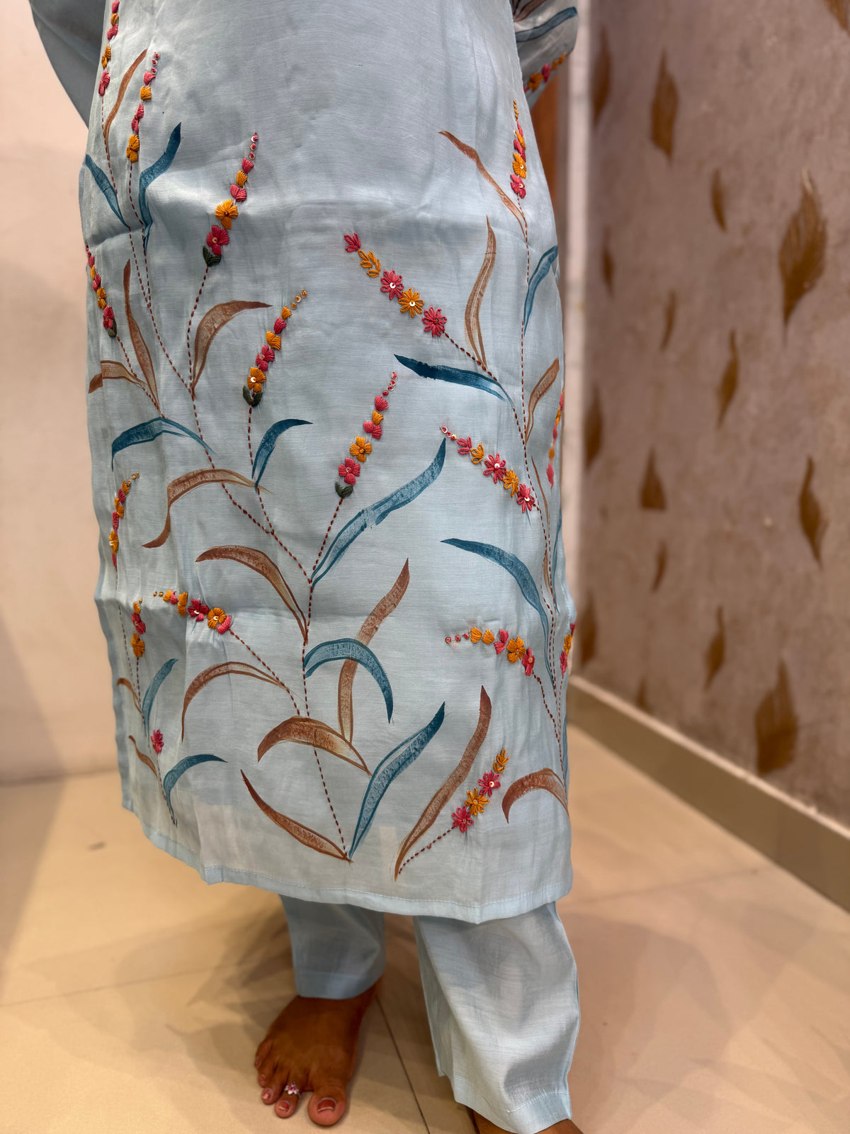 Powder Blue Pure Silk Thread Embroidery Kurti With Pant and Dupatta - HSC1180