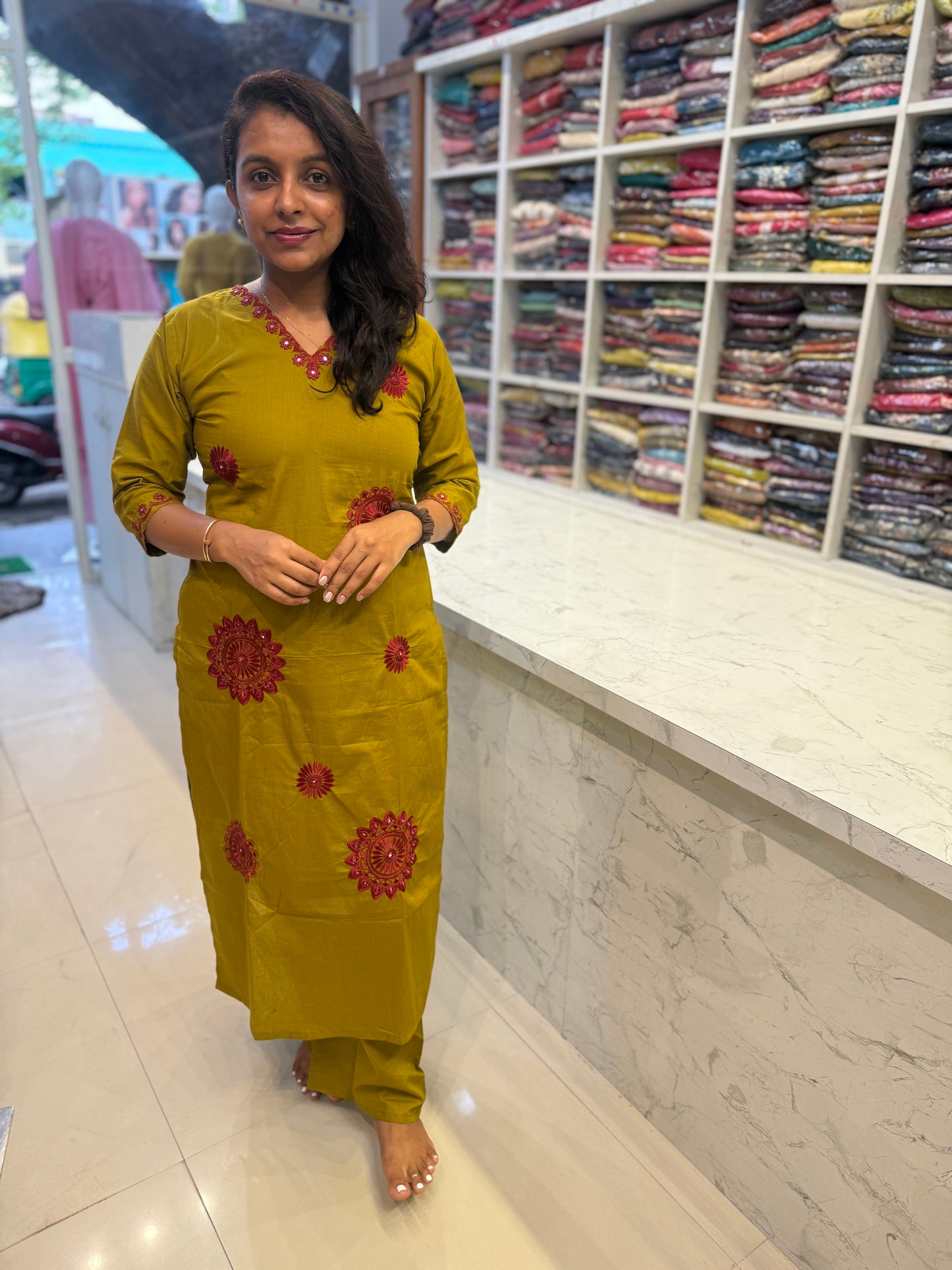 Green Embroidery Cotton Kurti With Pant-HSC153