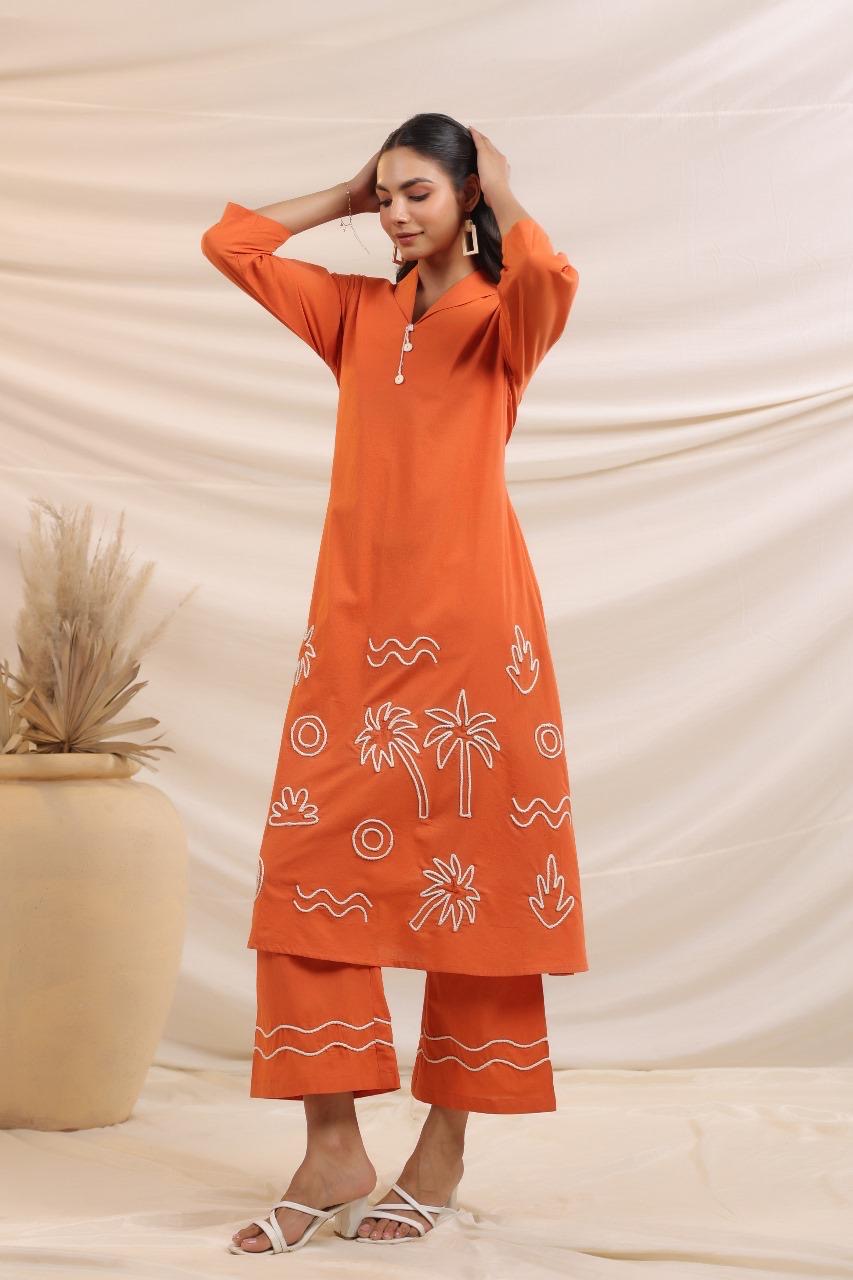 Orange Thread Embroidery Pure Cotton Co-ords Set