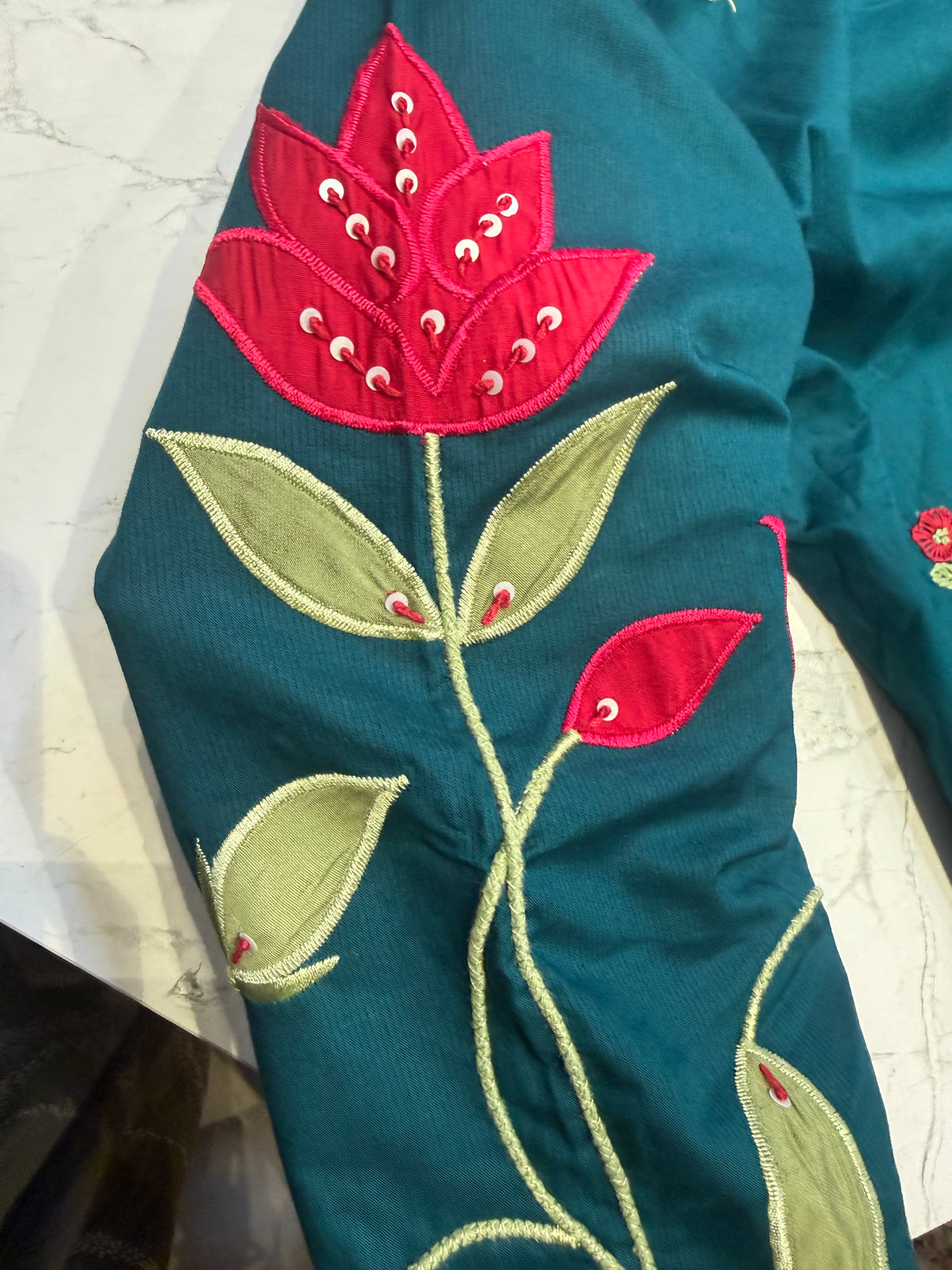 Pure silk Thread Embroidery Kurti With Pant and Dupatta - HSC1159