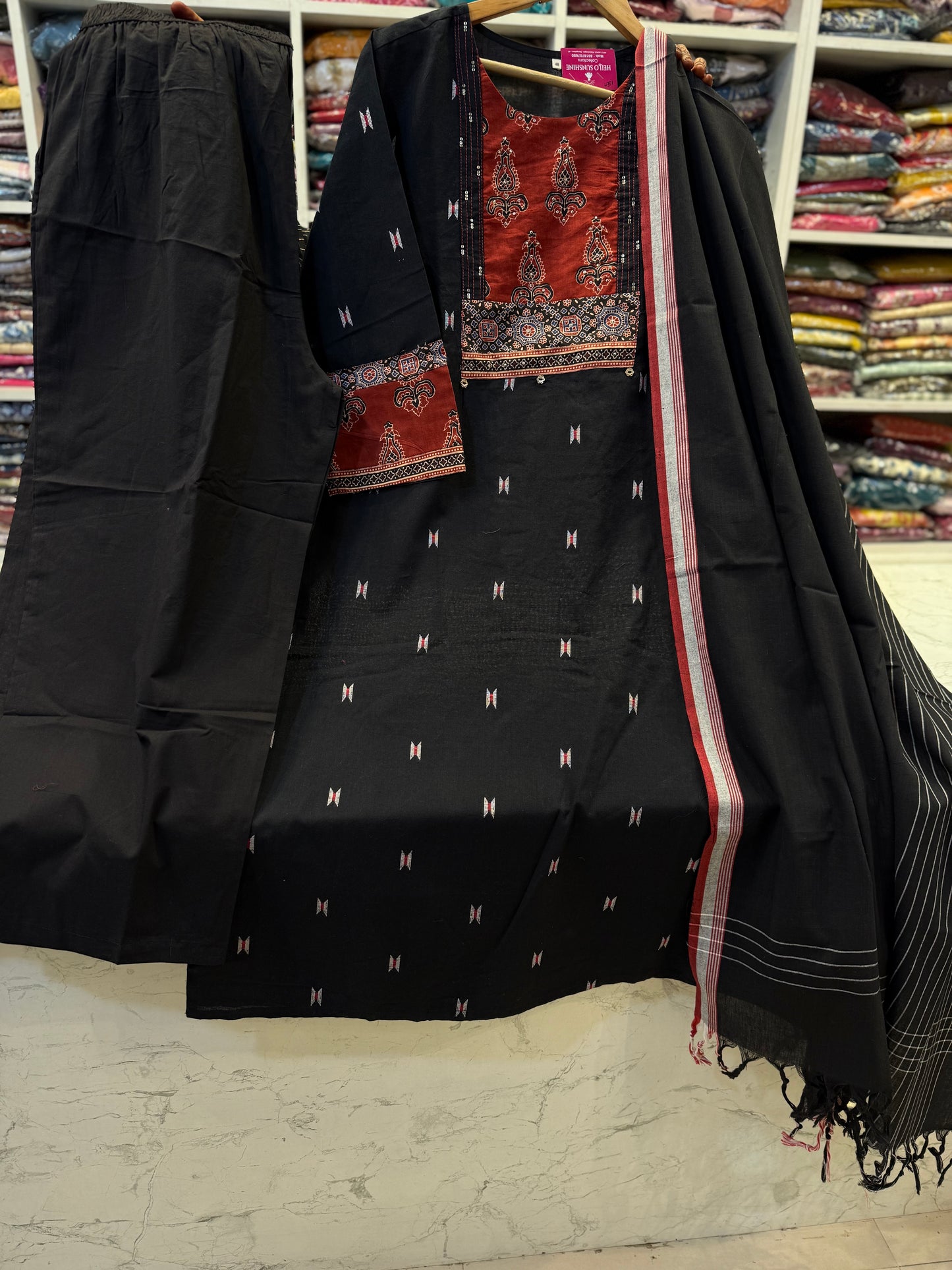 Black Pure Handloom Kurti With Pant and Dupatta -HSC1146