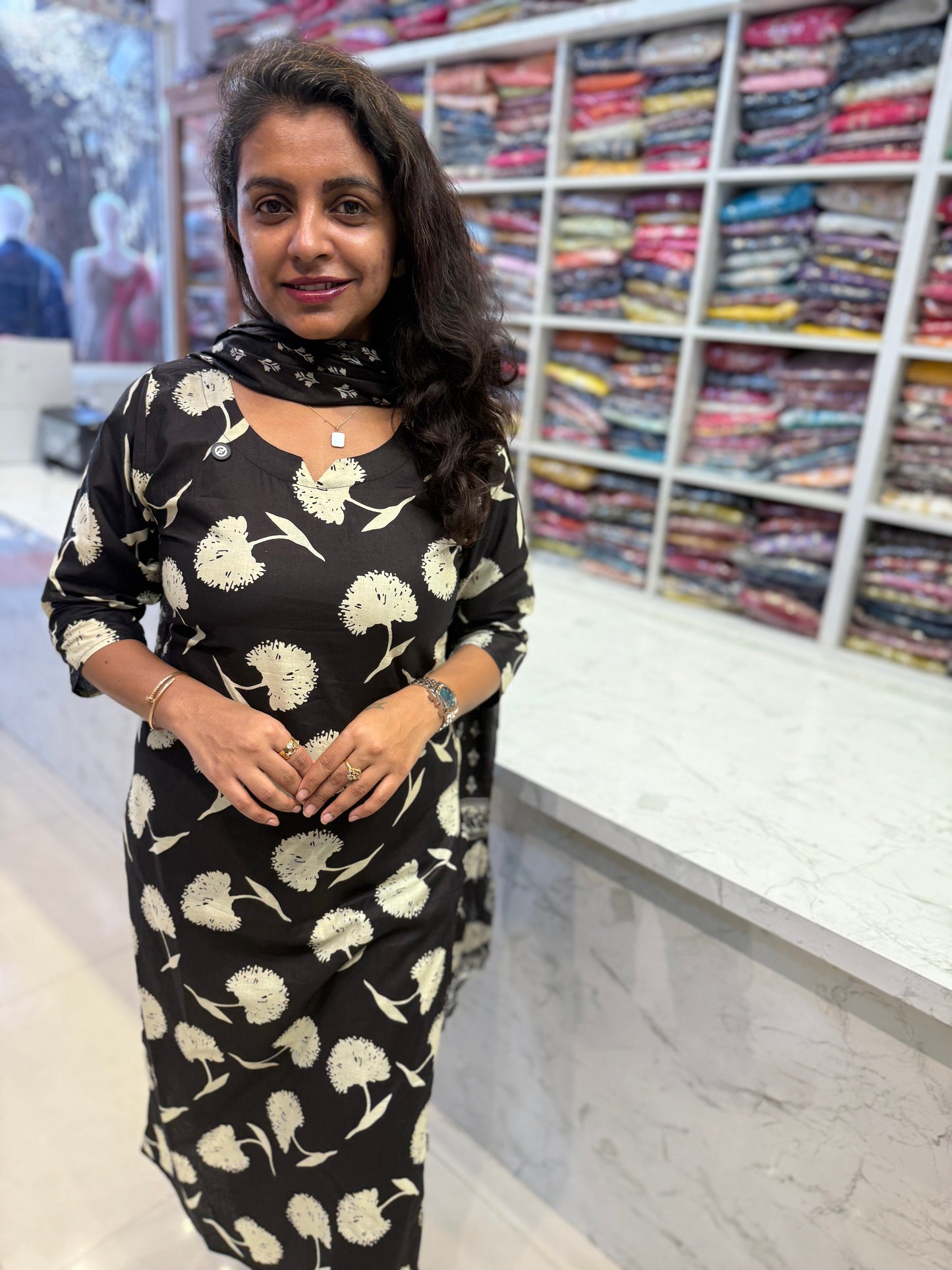 Printed Black Kurti With Pant and Dupatta
