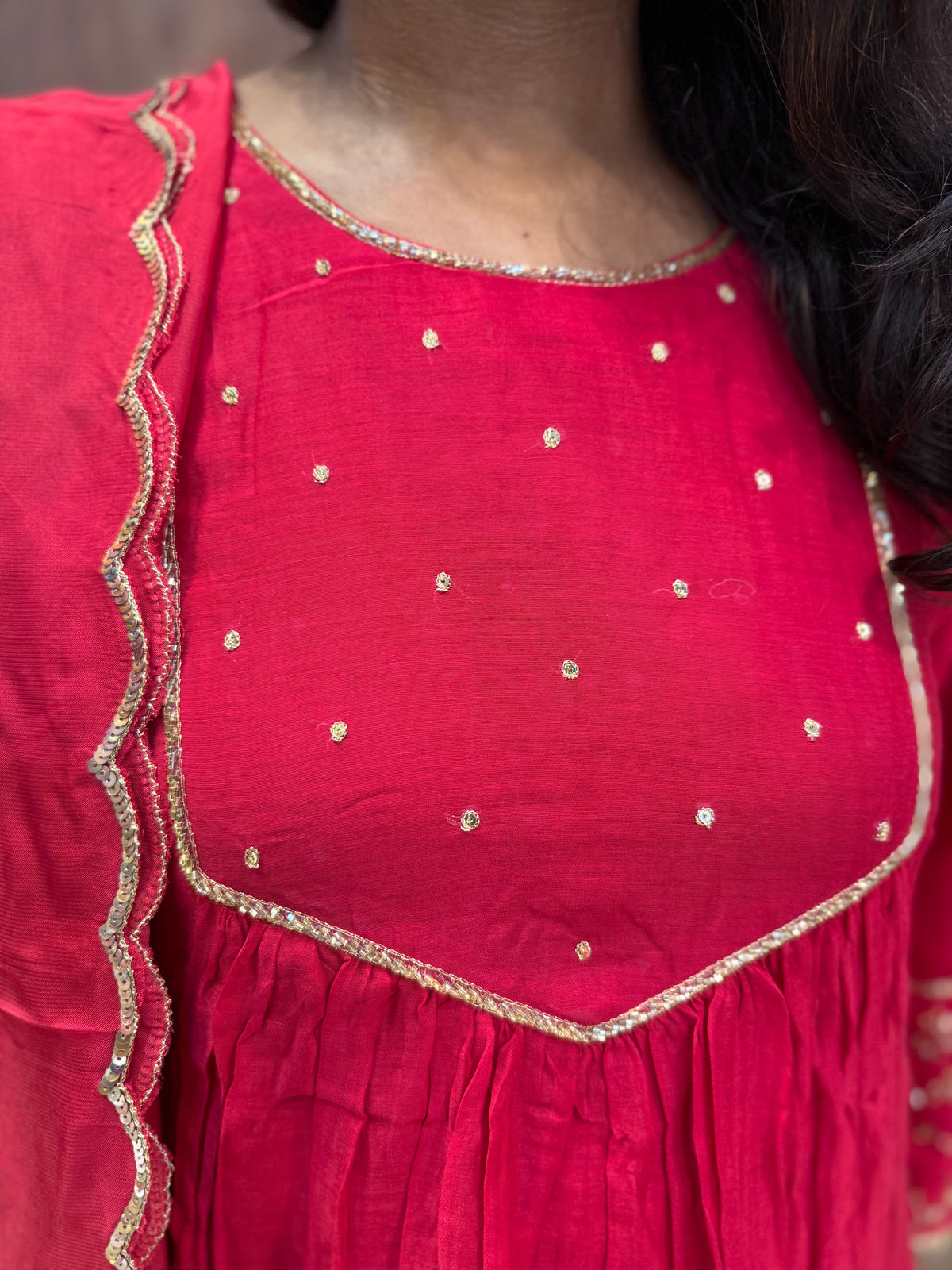 Red Pure Banarasi Mul Chanderi Hand Embroidery Kurti With Pant and Scallop Cutwork Dupatta- HSC1242